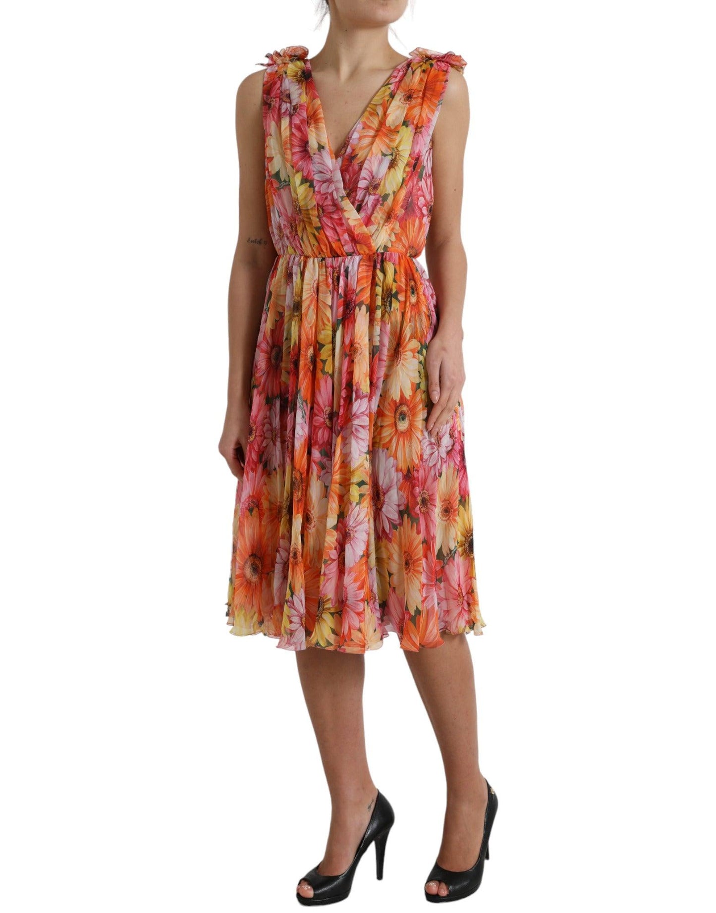 Dolce & Gabbana Elegant Floral Silk Midi Dress with V-Neck - Arichezz.store