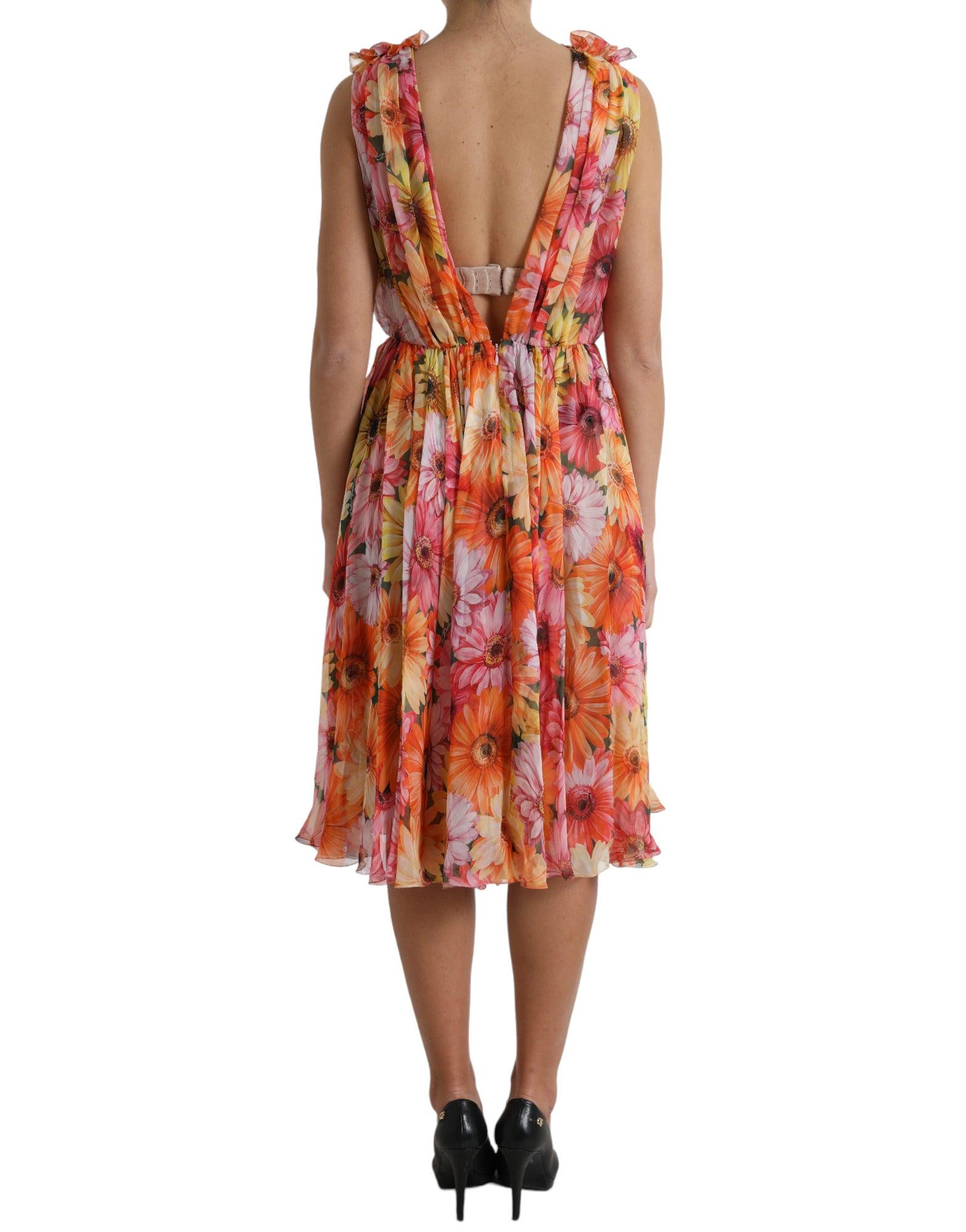 Dolce & Gabbana Elegant Floral Silk Midi Dress with V-Neck - Arichezz.store