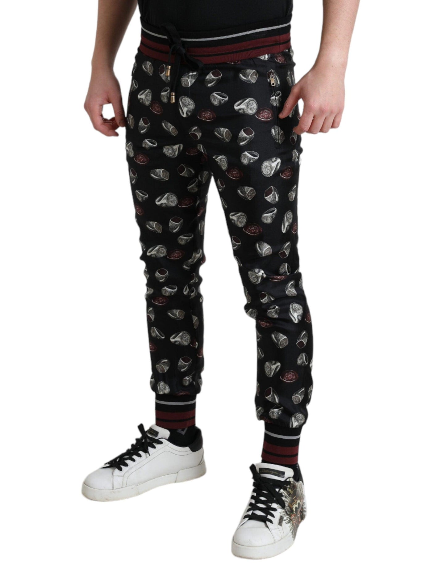 Dolce & Gabbana Elegant Silk Jogging Trousers with Ring Print - Arichezz.store