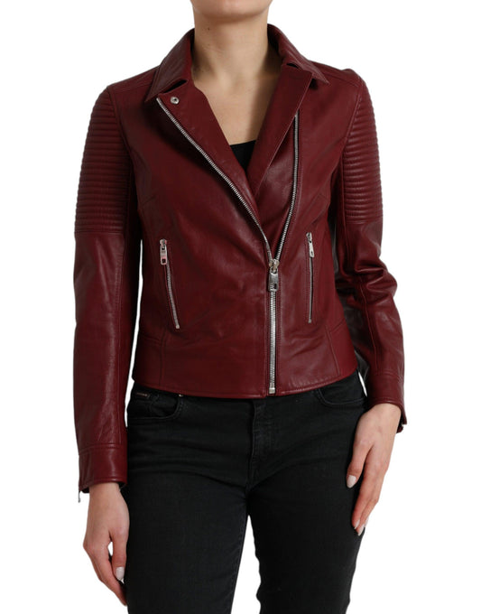 Dolce & Gabbana Bordeaux Leather Biker Jacket - Arichezz.store