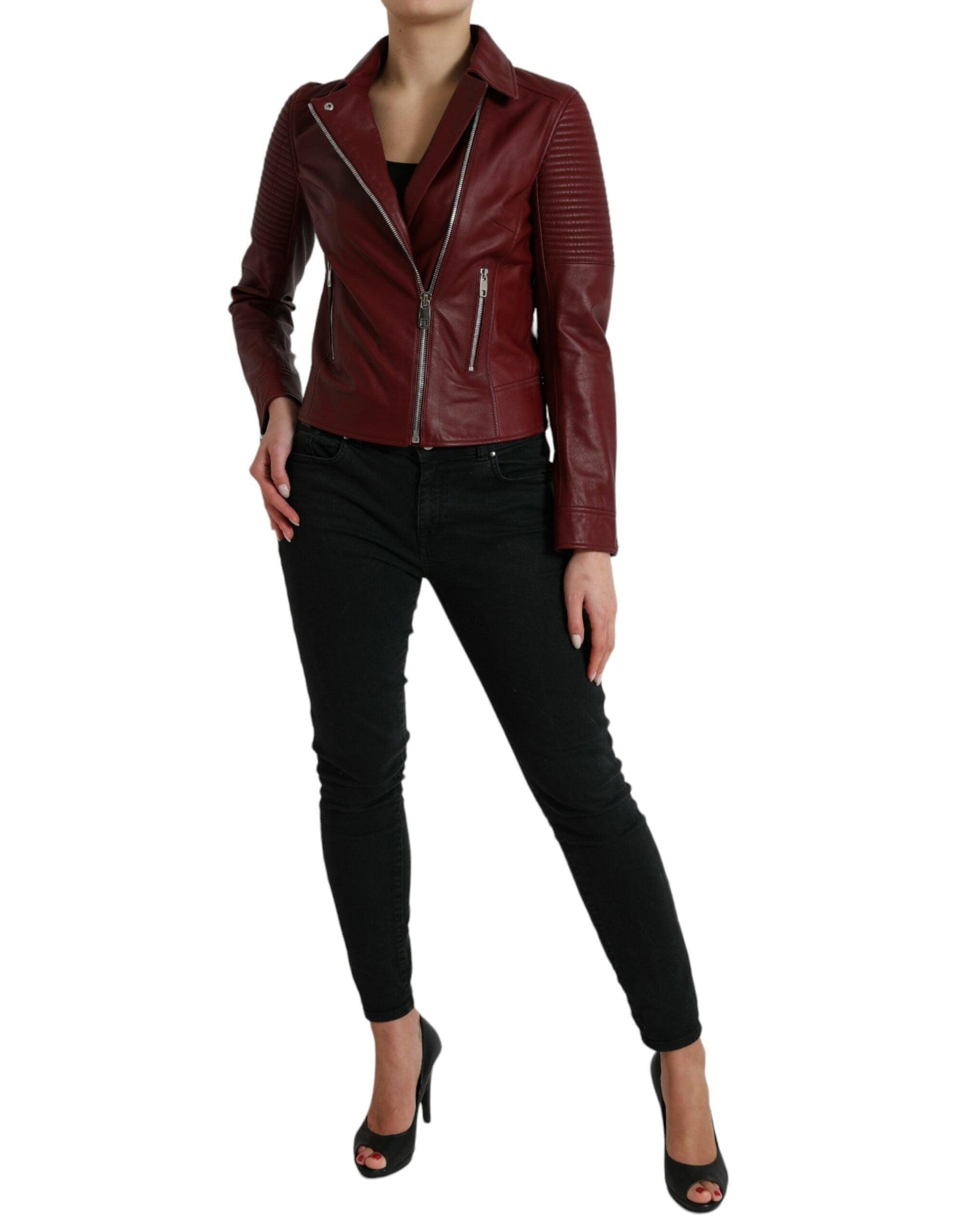 Dolce & Gabbana Bordeaux Leather Biker Jacket - Arichezz.store