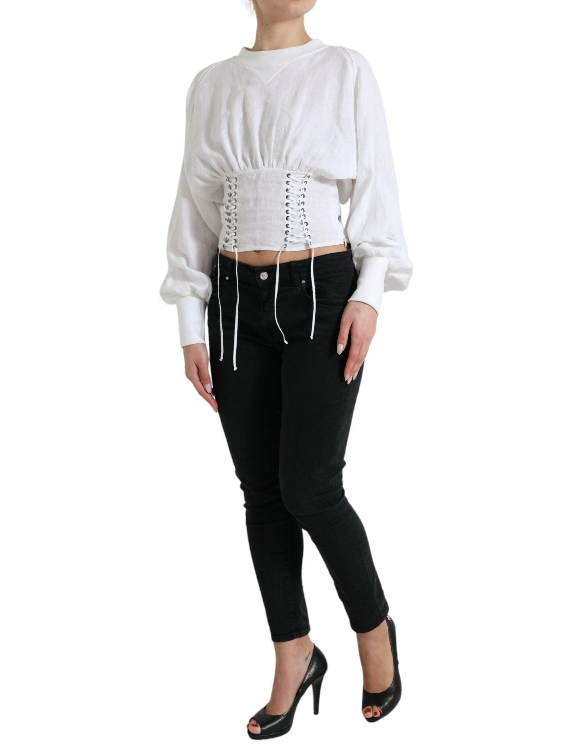 Dolce & Gabbana Elegant White Lace-Up Corset Cropped Top - Arichezz.store