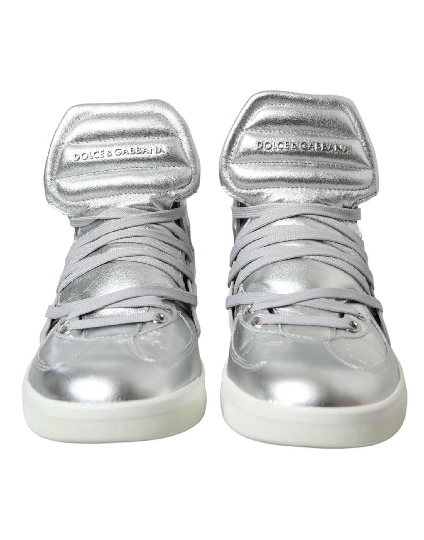 Dolce & Gabbana Silver Leather High-Top Sneakers - Arichezz.store