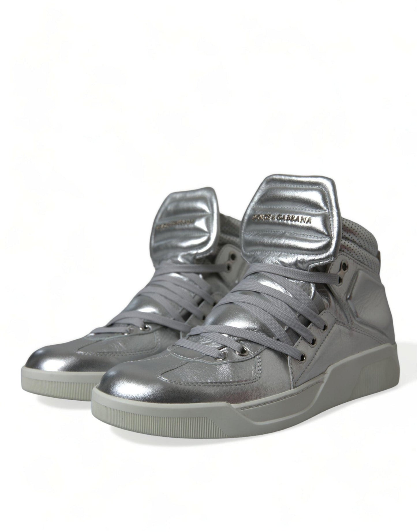 Dolce & Gabbana Silver Leather High-Top Sneakers - Arichezz.store