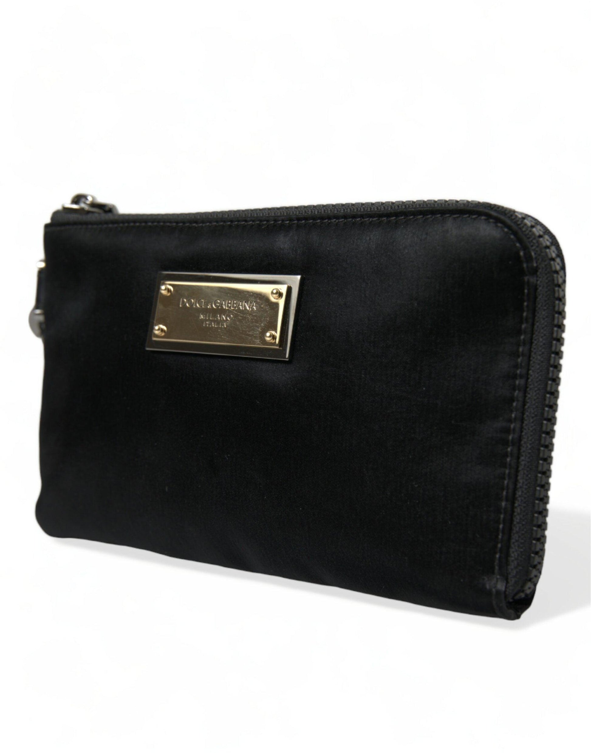 Dolce & Gabbana Elegant Black Nylon Leather Pouch with Silver Details - Arichezz.store