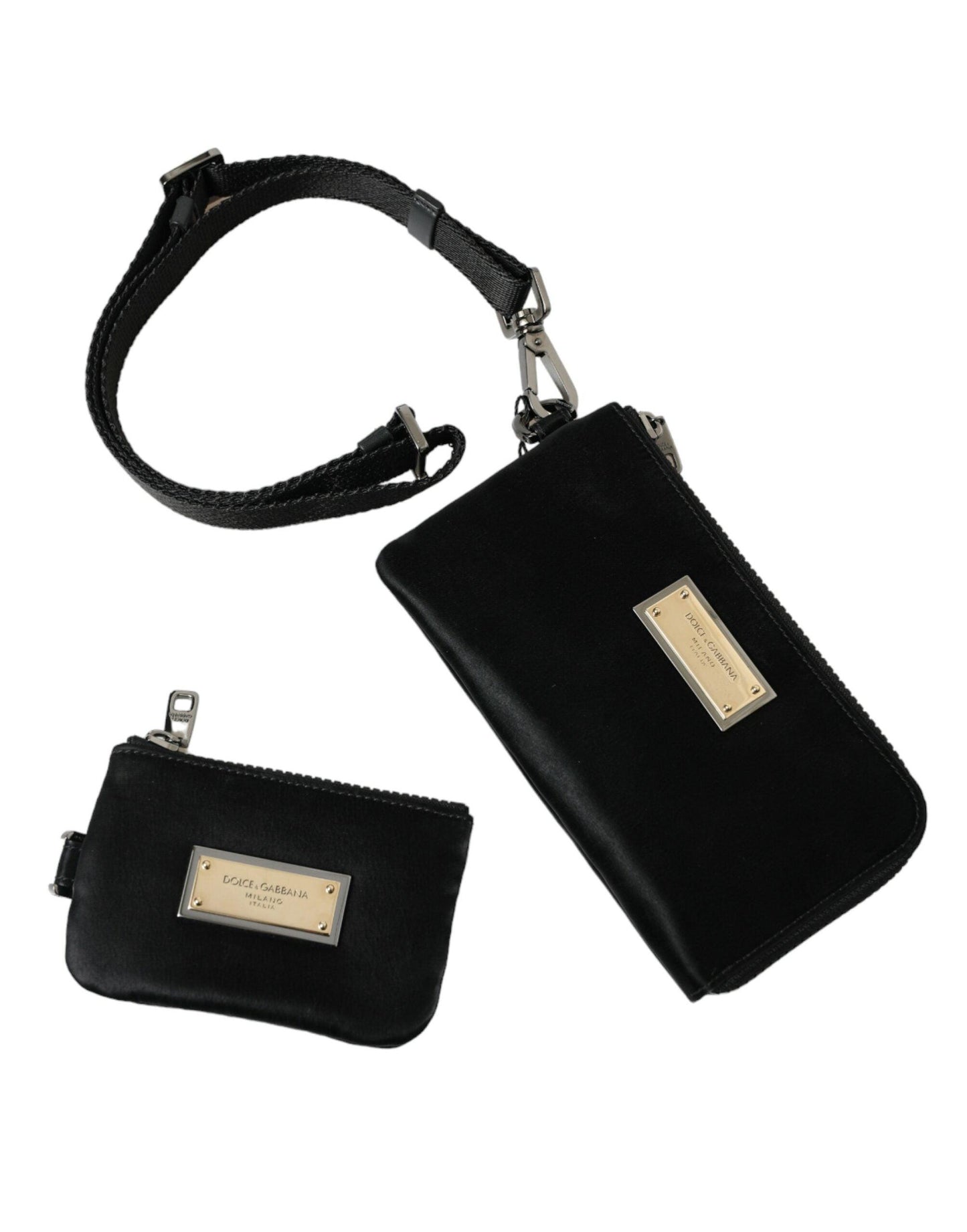 Dolce & Gabbana Elegant Black Nylon Leather Pouch with Silver Details - Arichezz.store