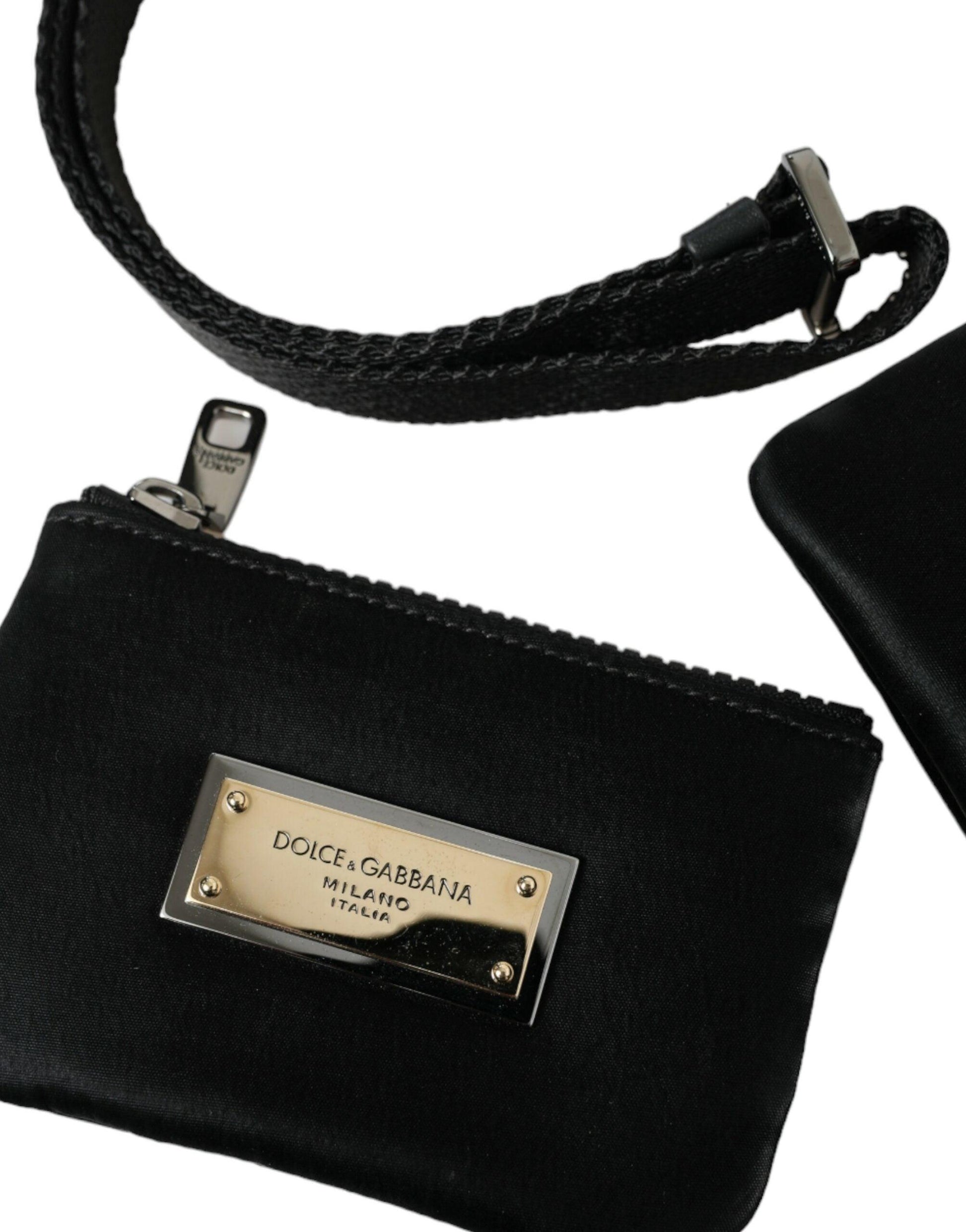 Dolce & Gabbana Elegant Black Nylon Leather Pouch with Silver Details - Arichezz.store