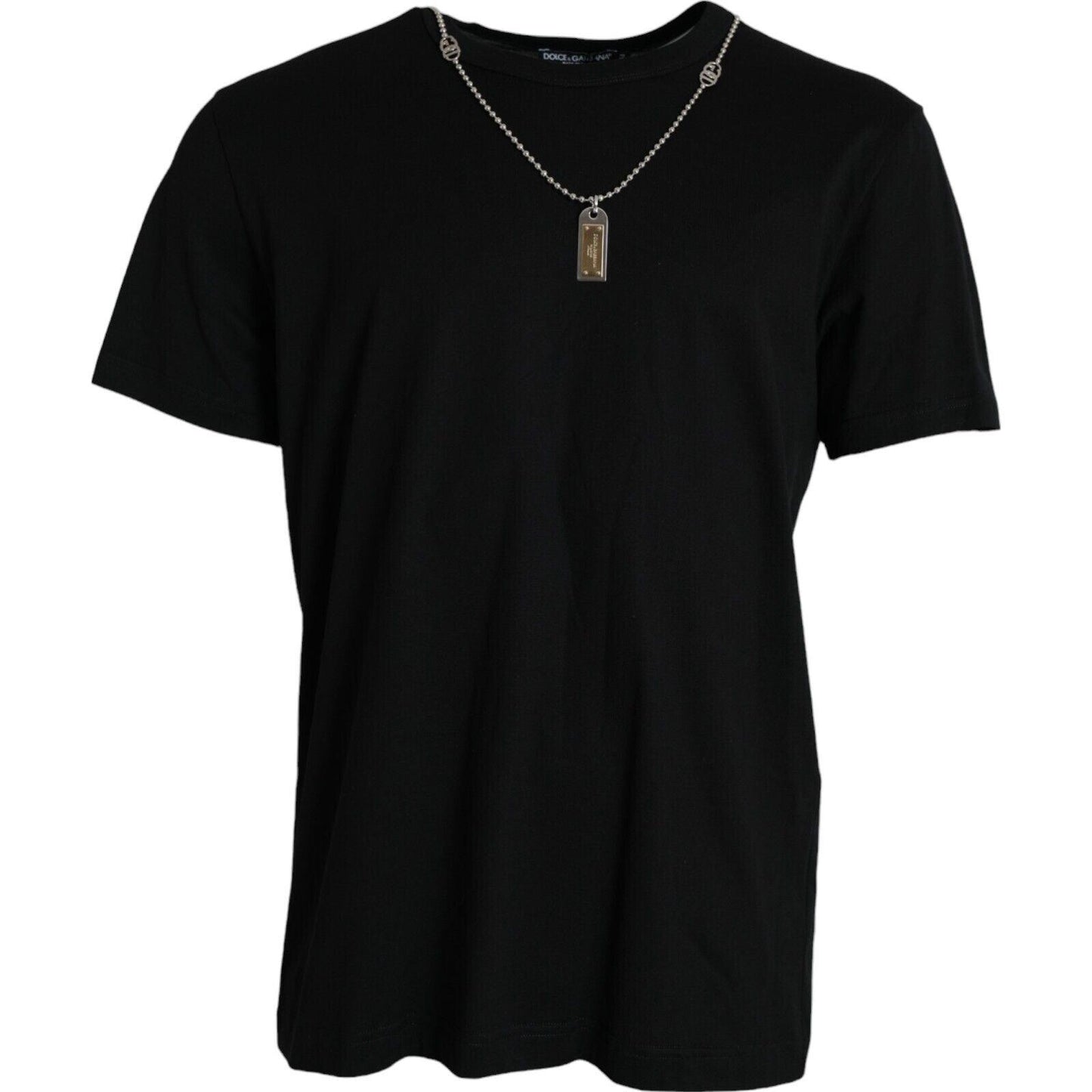 Dolce & Gabbana Elegant Black Cotton Crewneck Tee with Dog Tag Detail - Arichezz.store