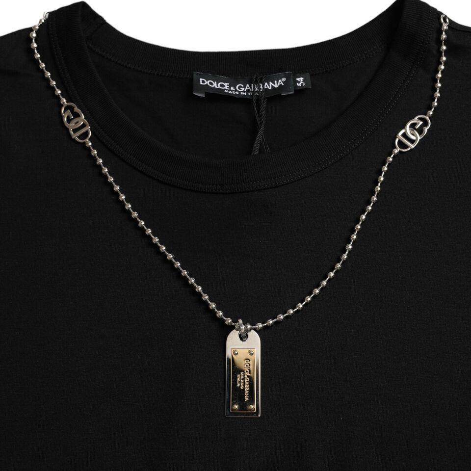 Dolce & Gabbana Elegant Black Cotton Crewneck Tee with Dog Tag Detail - Arichezz.store