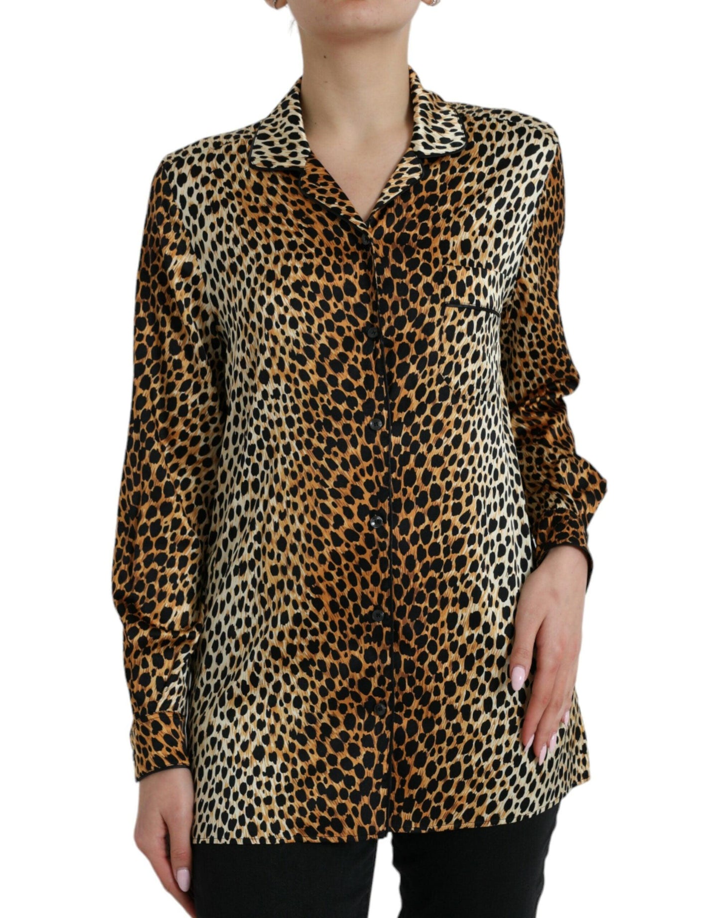 Dolce & Gabbana Elegant Brown Animal Print Silk Blouse - Arichezz.store