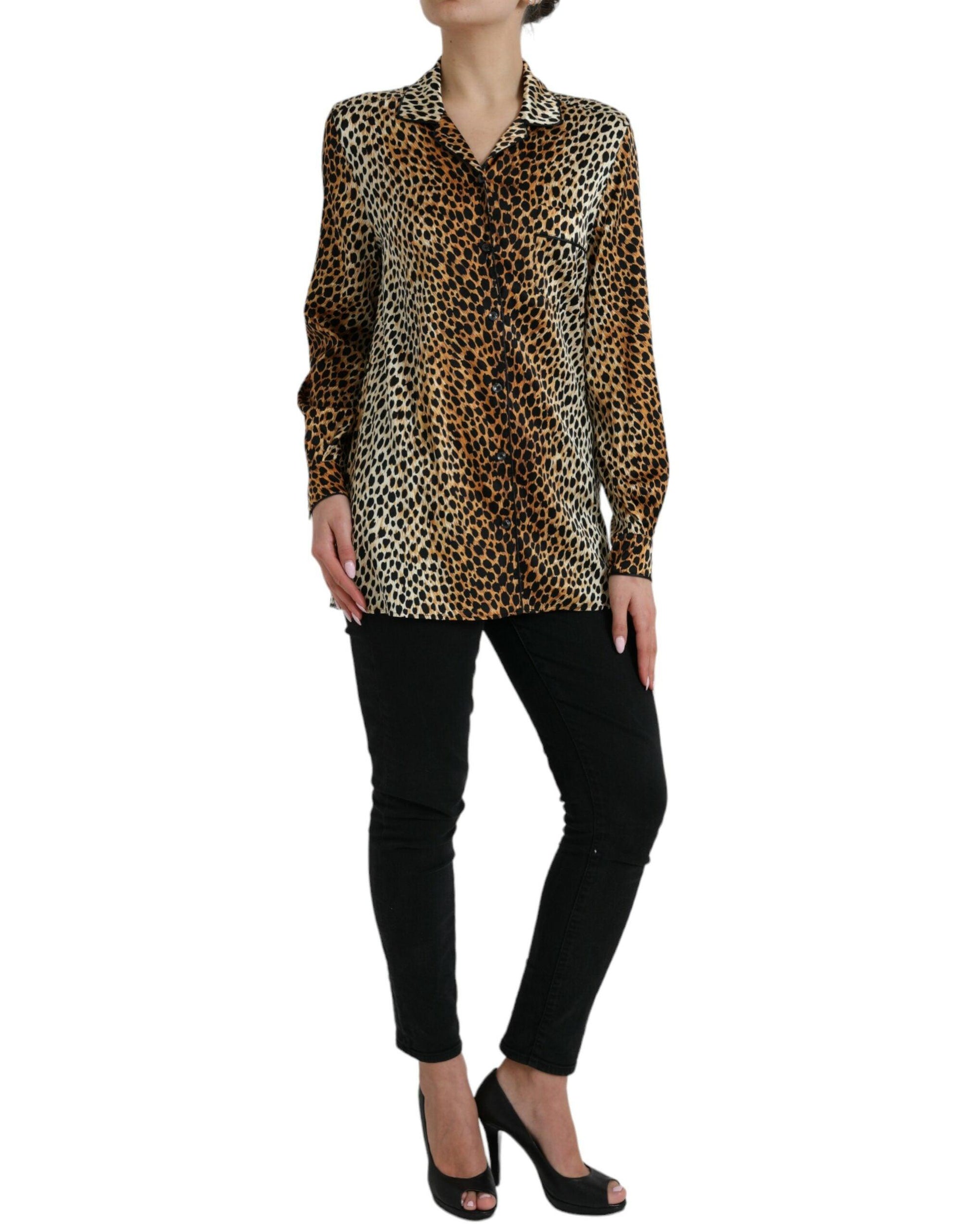 Dolce & Gabbana Elegant Brown Animal Print Silk Blouse - Arichezz.store