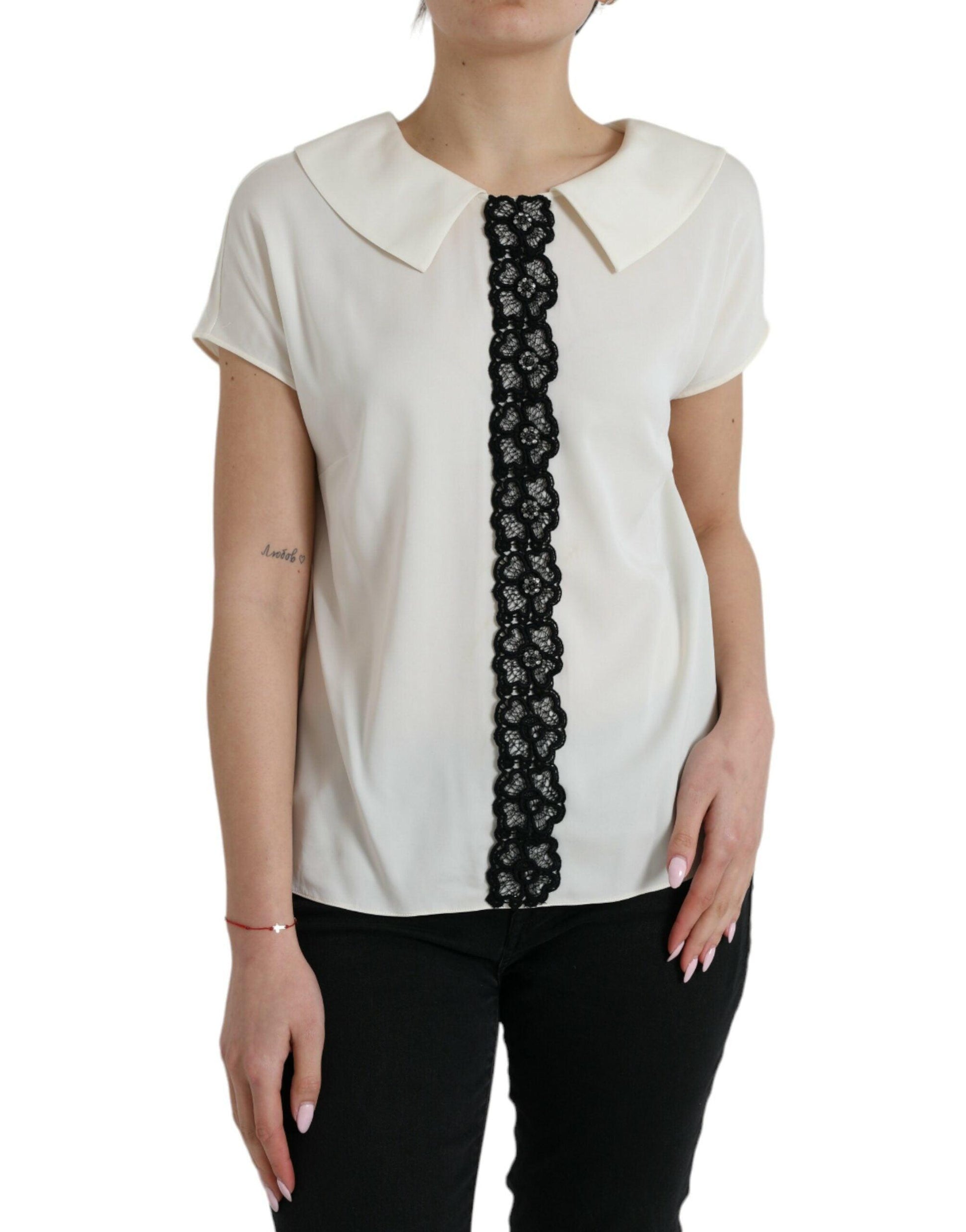 Dolce & Gabbana Elegant Off-White Lace-Trim Silk Blouse - Arichezz.store