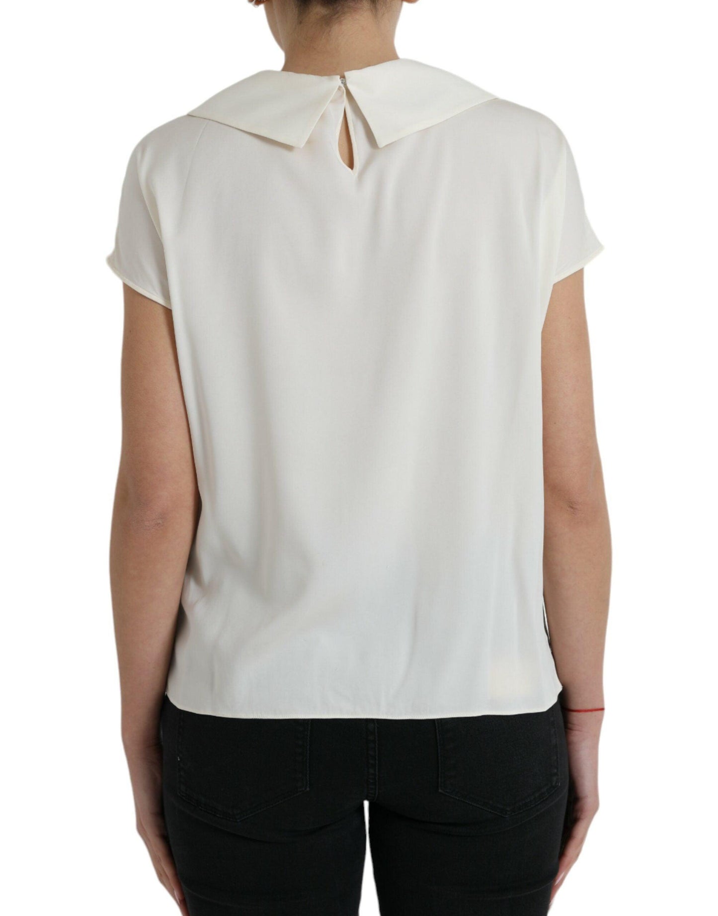 Dolce & Gabbana Elegant Off-White Lace-Trim Silk Blouse - Arichezz.store