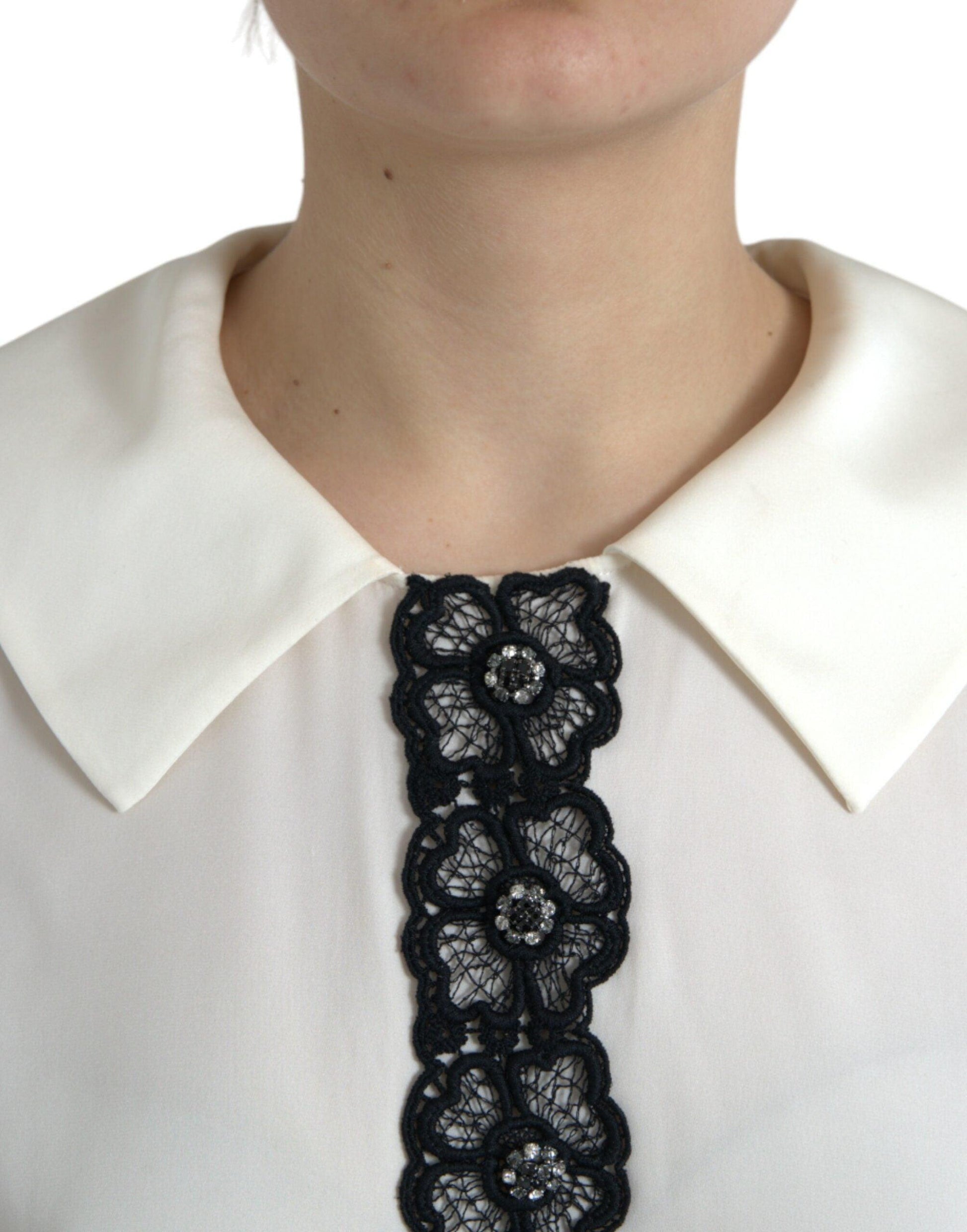 Dolce & Gabbana Elegant Off-White Lace-Trim Silk Blouse - Arichezz.store