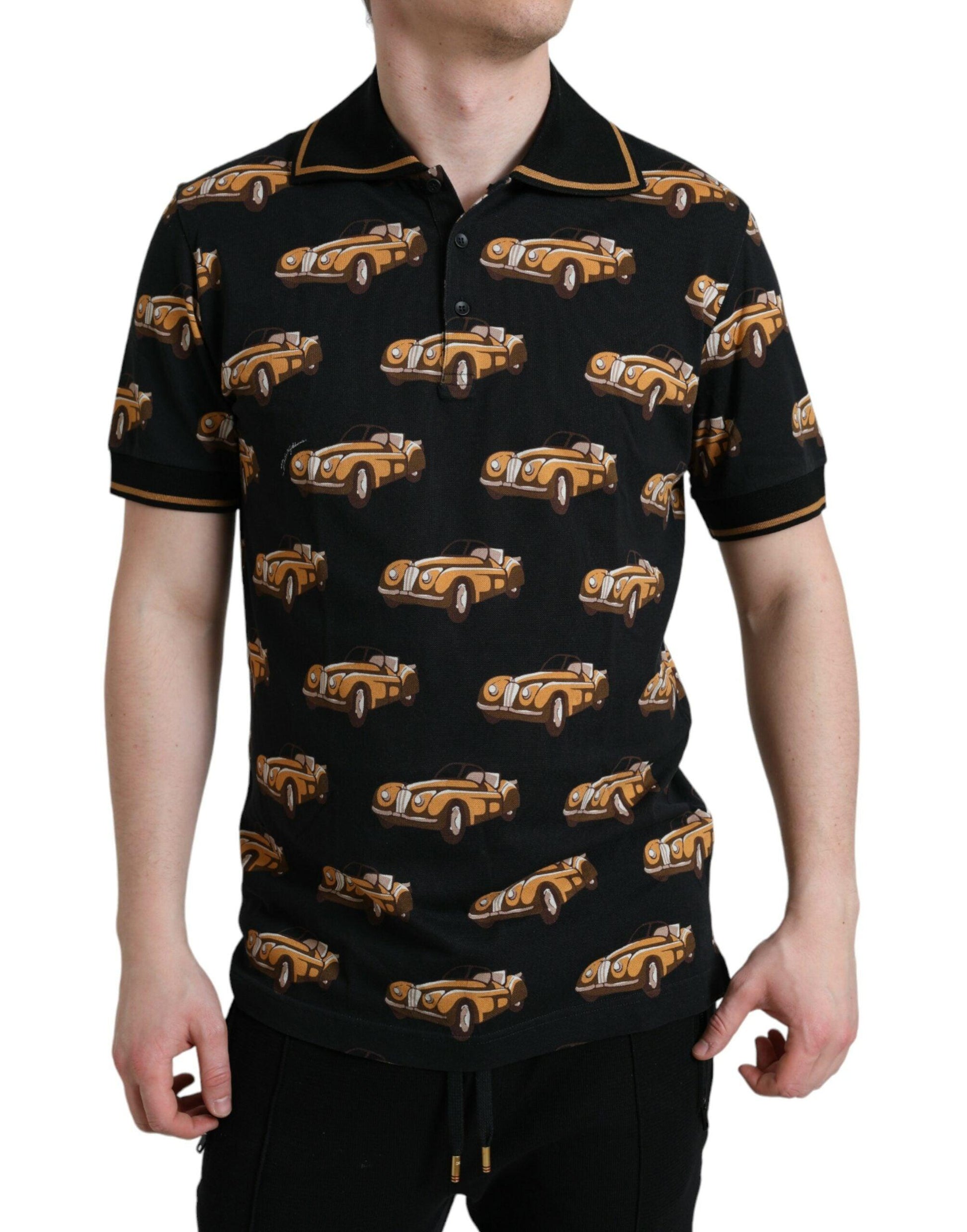 Dolce & Gabbana Black Car Print Short Sleeve Polo T-shirt - Arichezz.store