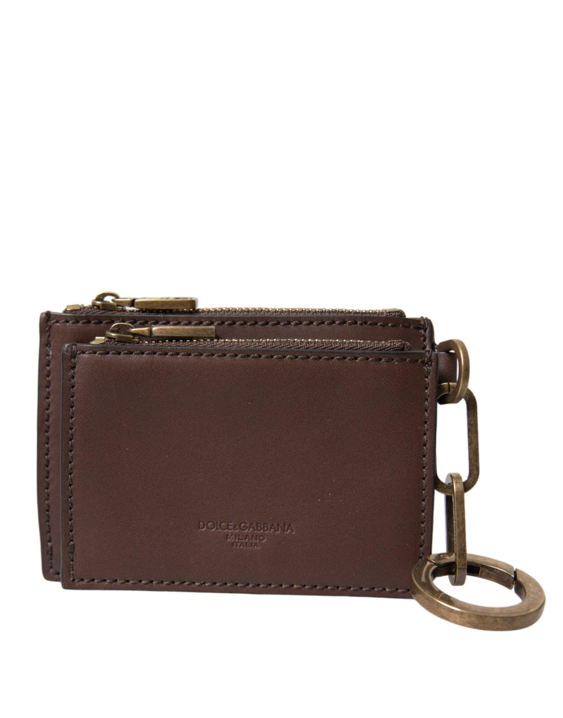 Dolce & Gabbana Brown Leather Zip Logo Keyring Coin Purse Keyring Wallet - Arichezz.store