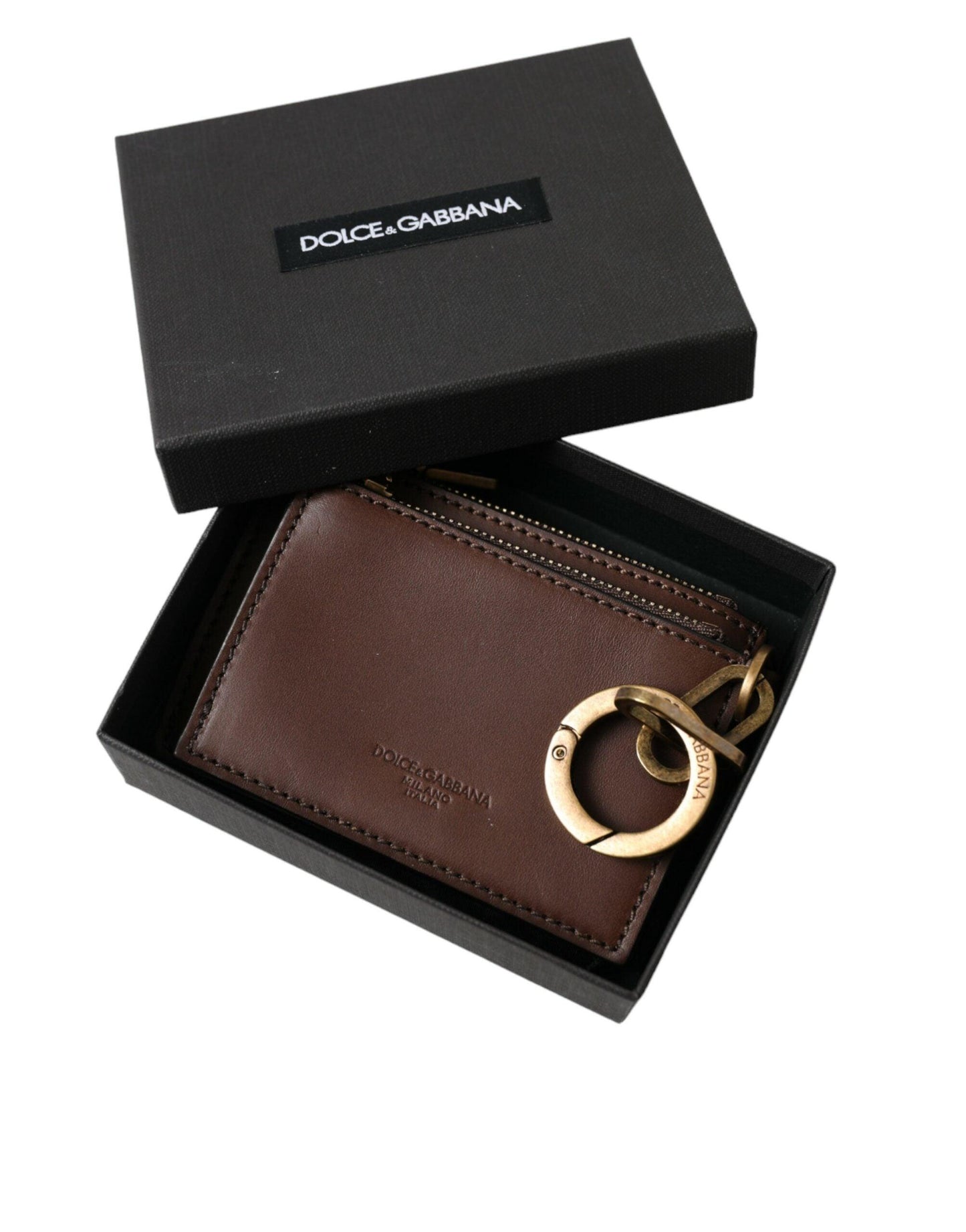 Dolce & Gabbana Brown Leather Zip Logo Keyring Coin Purse Keyring Wallet - Arichezz.store