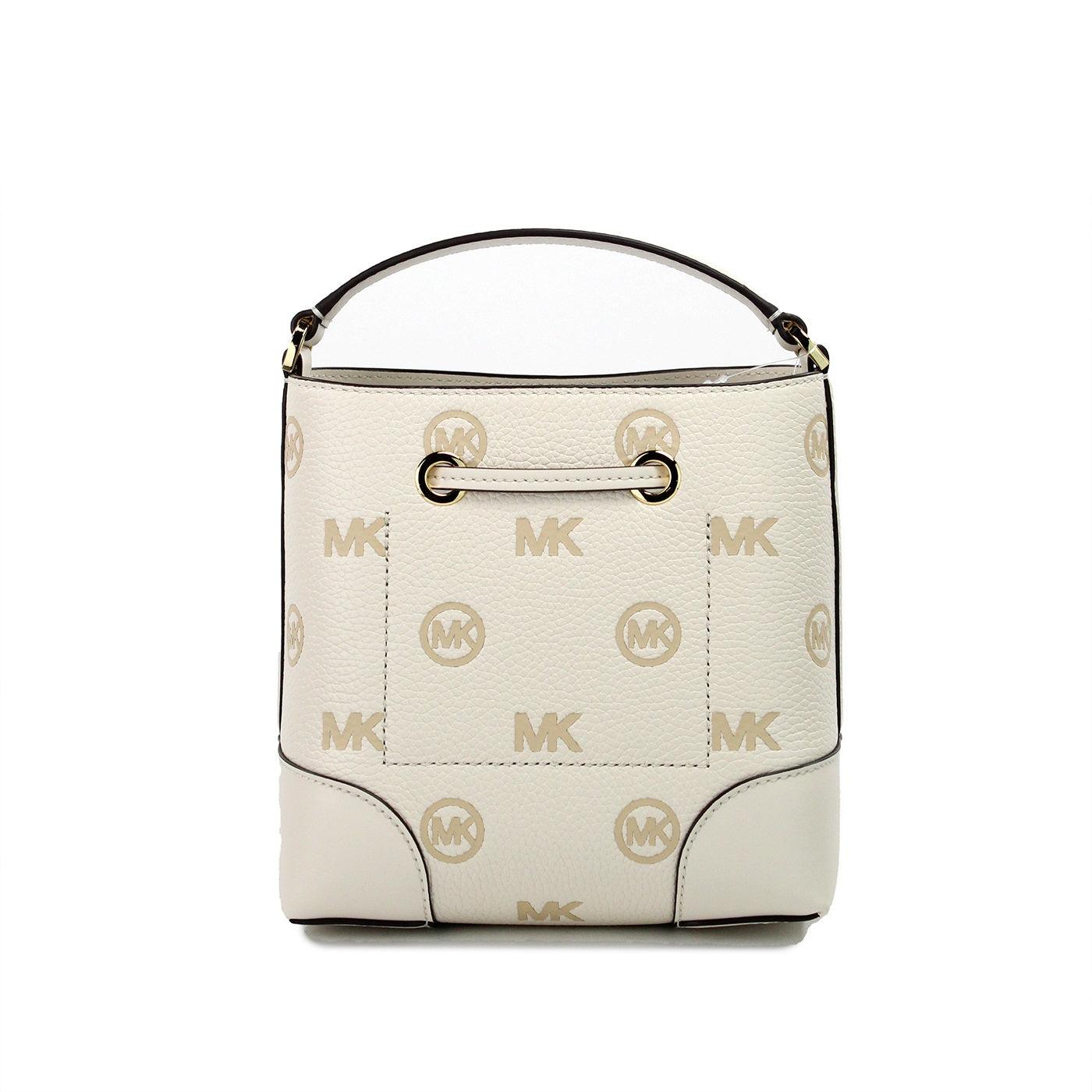 Michael Kors Mercer Small Light Cream Embossed Drawstring Bucket Messenger Bag - Arichezz.store