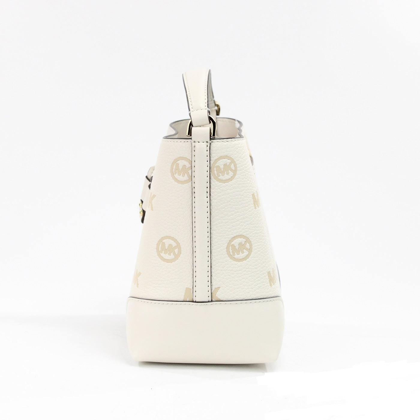 Michael Kors Mercer Small Light Cream Embossed Drawstring Bucket Messenger Bag - Arichezz.store