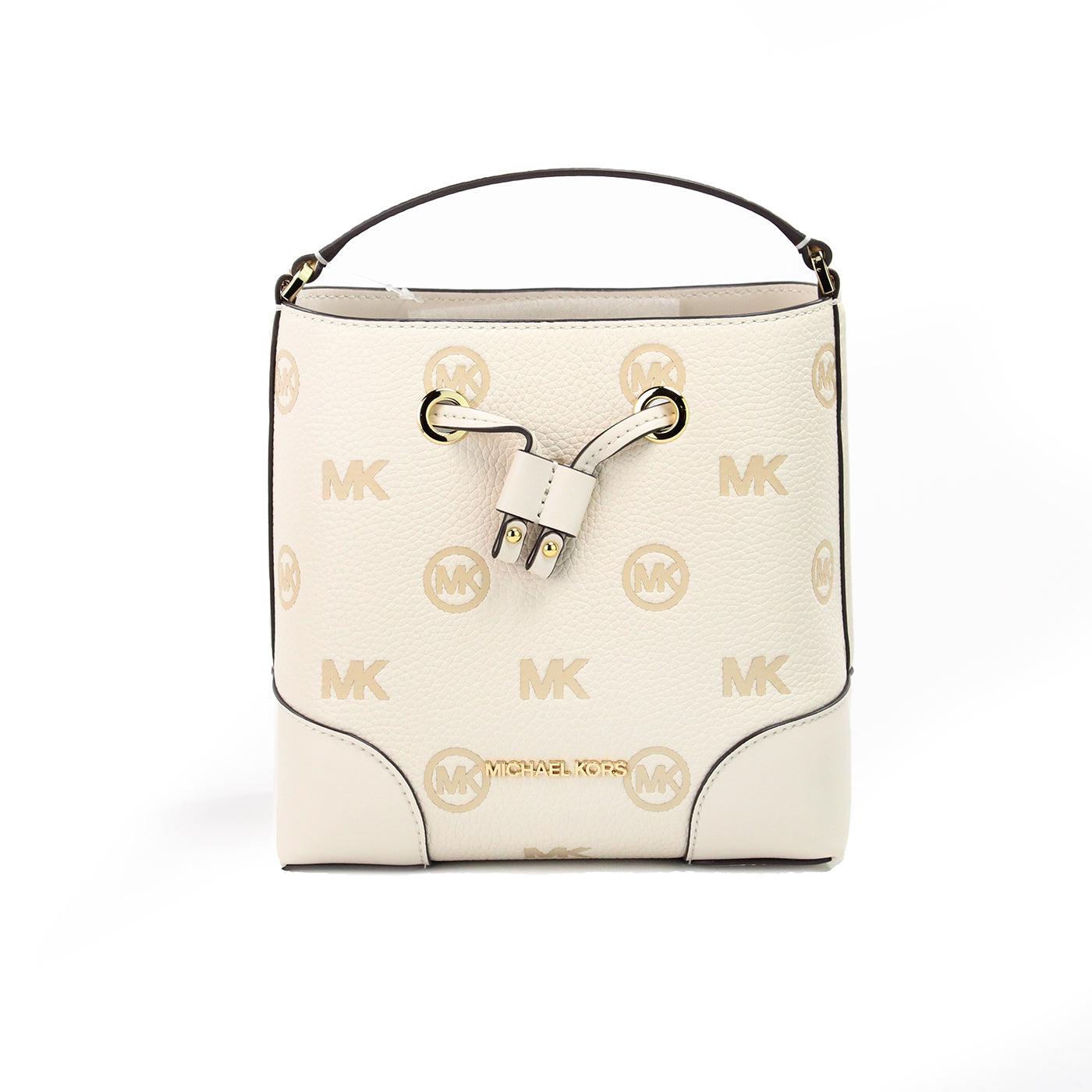 Michael Kors Mercer Small Light Cream Embossed Drawstring Bucket Messenger Bag - Arichezz.store