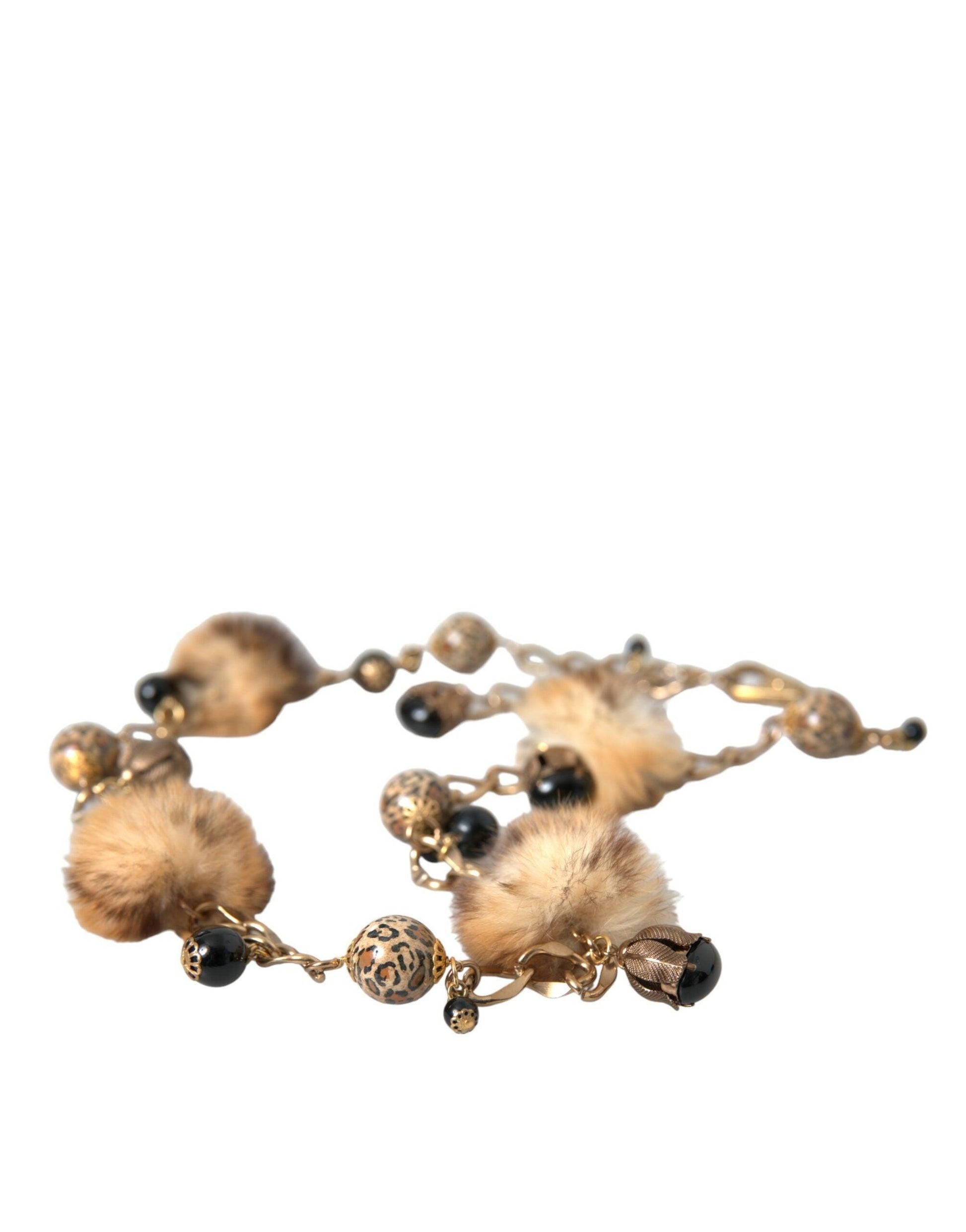 Dolce & Gabbana Gold Brass Leopard Fur Pearl Collier Chain Belt - Arichezz.store