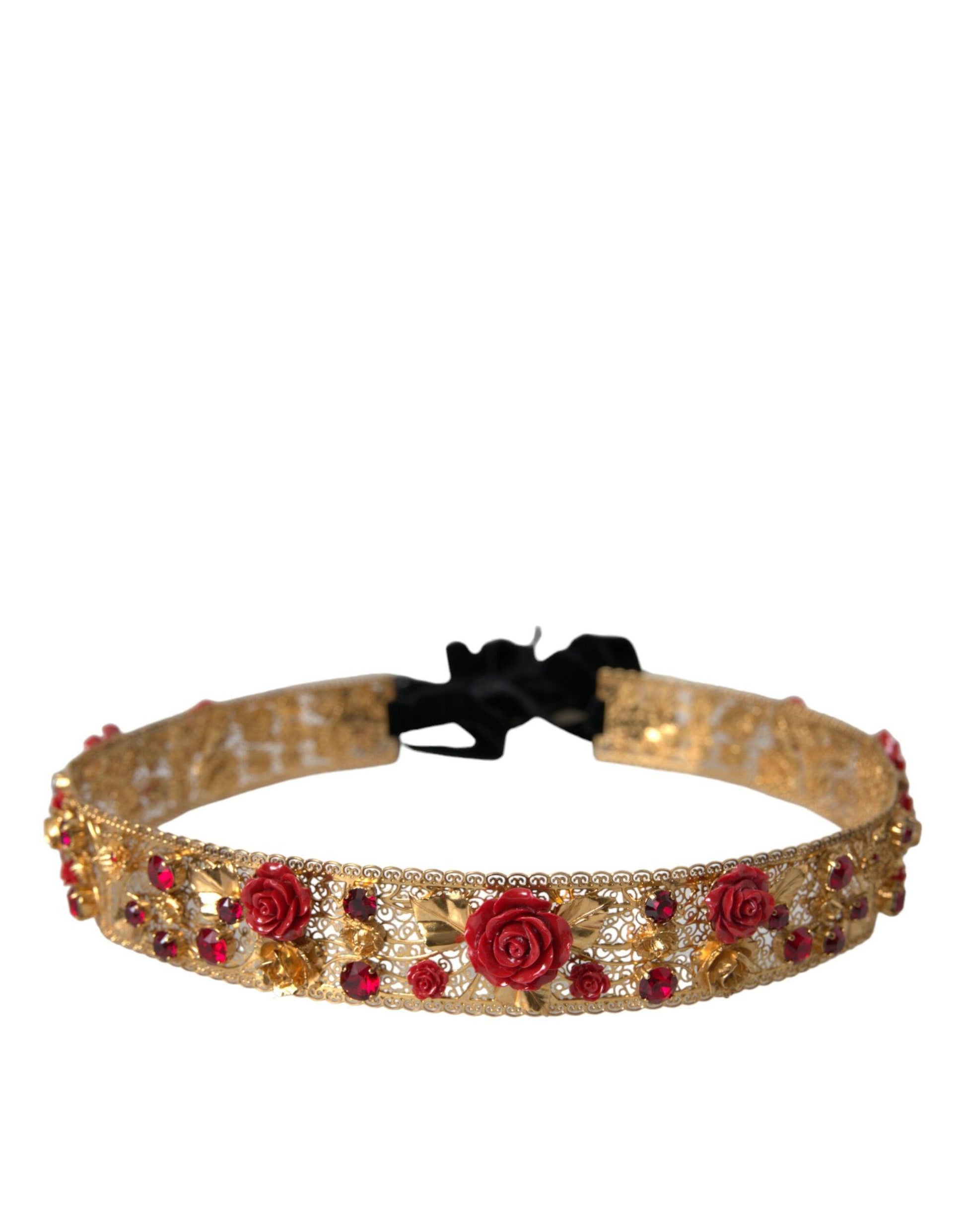 Dolce & Gabbana Gold Brass Red Roses Crystal Jewel Waist Belt - Arichezz.store