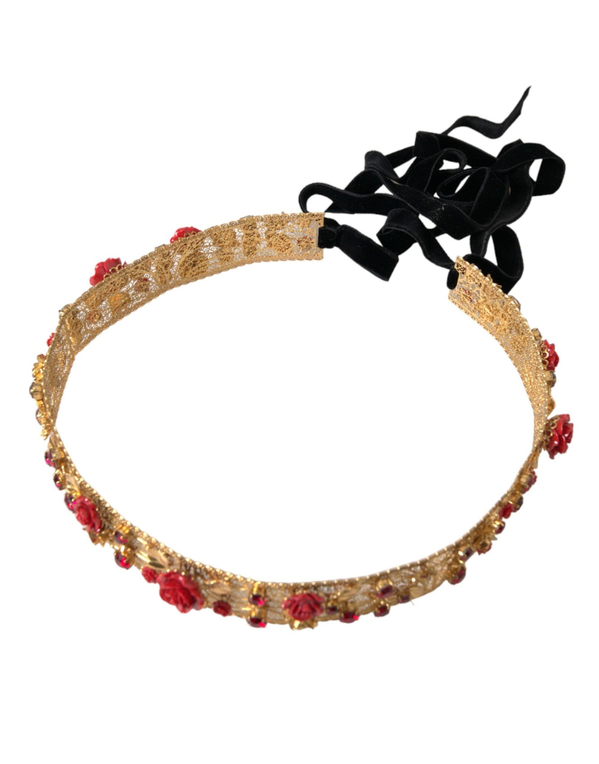 Dolce & Gabbana Gold Brass Red Roses Crystal Jewel Waist Belt - Arichezz.store