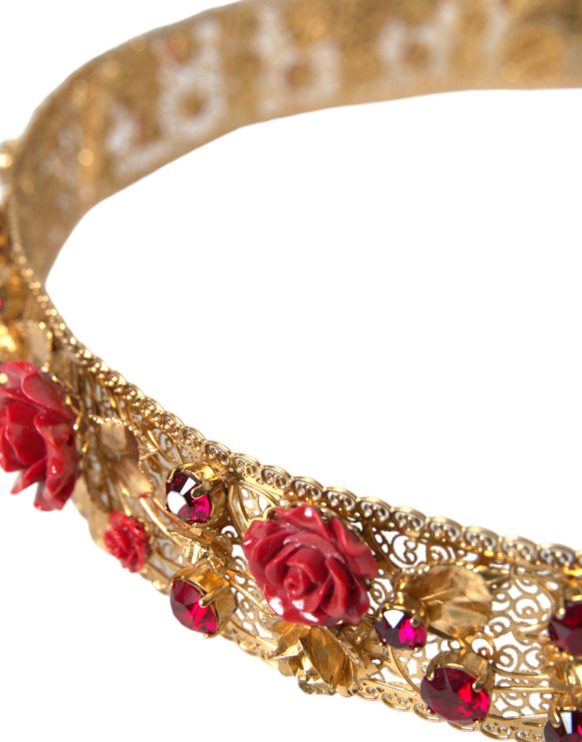 Dolce & Gabbana Gold Brass Red Roses Crystal Jewel Waist Belt - Arichezz.store