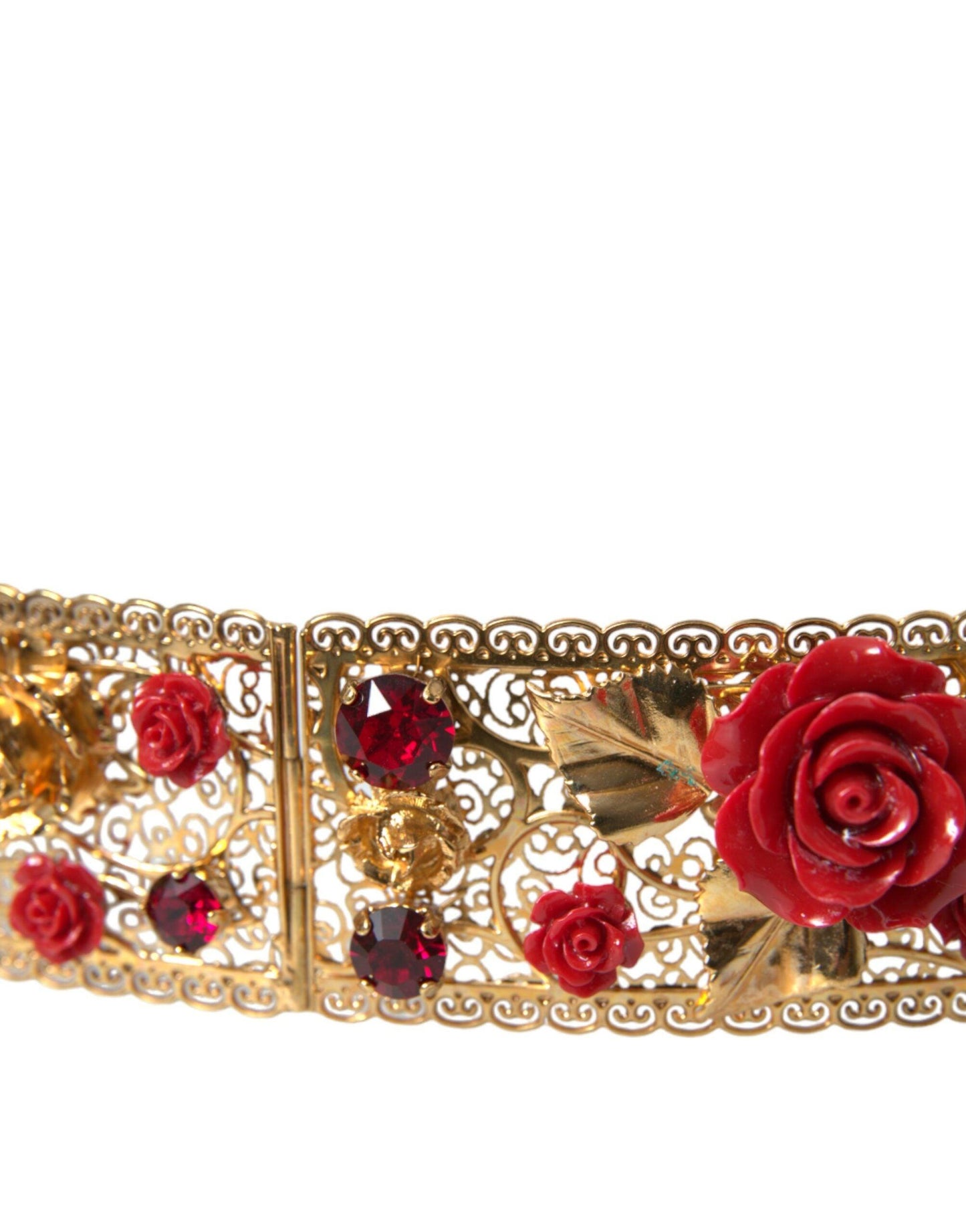 Dolce & Gabbana Gold Brass Red Roses Crystal Jewel Waist Belt - Arichezz.store