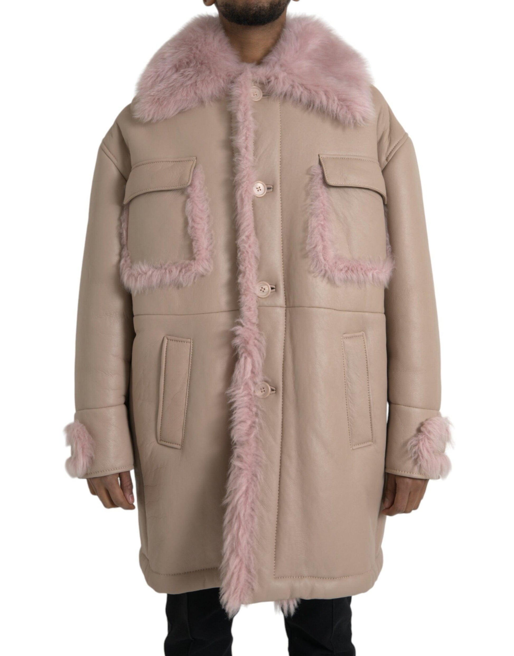 Dolce & Gabbana Beige Pink Lamb Leather Shearling Coat Jacket - Arichezz.store