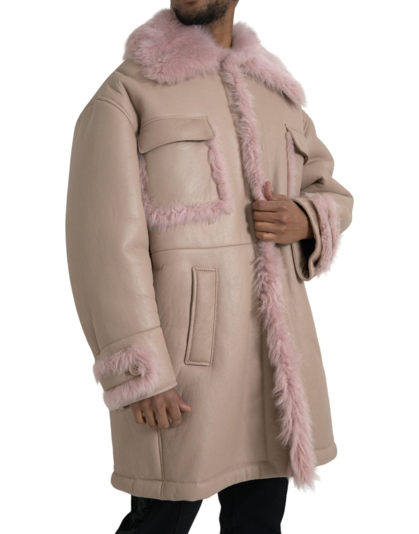 Dolce & Gabbana Beige Pink Lamb Leather Shearling Coat Jacket - Arichezz.store