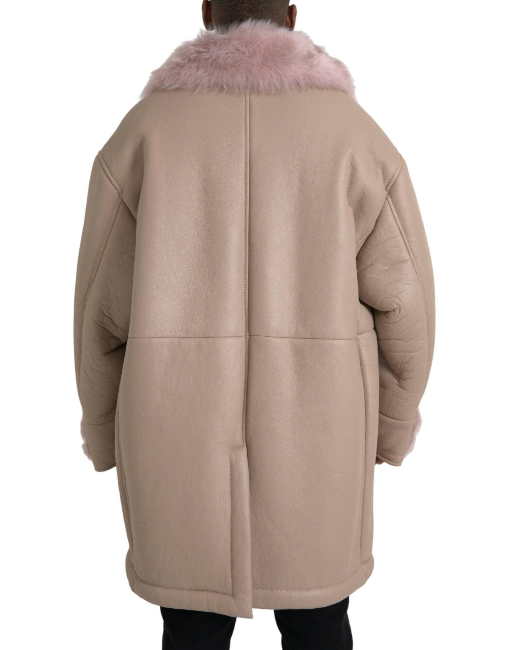 Dolce & Gabbana Beige Pink Lamb Leather Shearling Coat Jacket - Arichezz.store