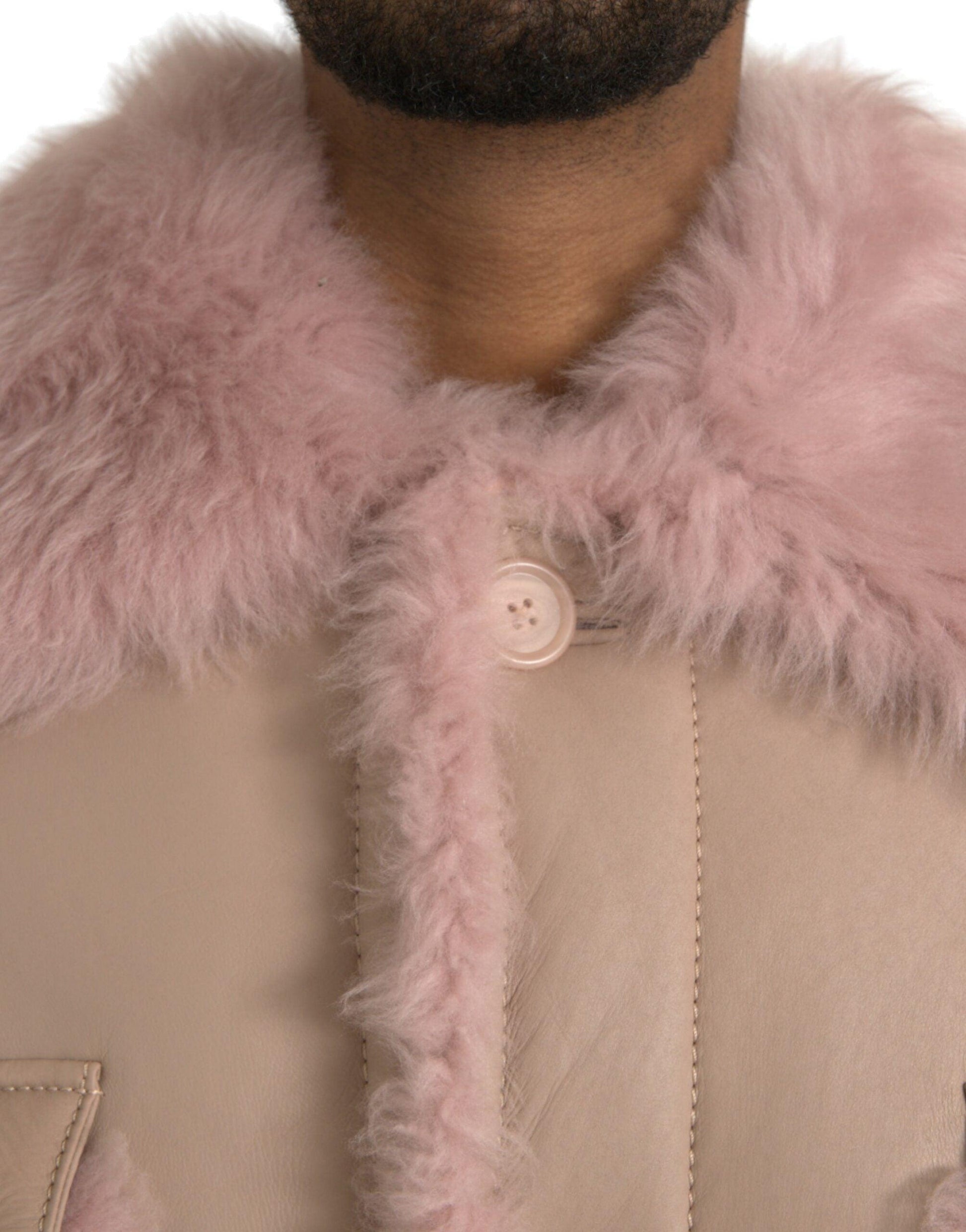 Dolce & Gabbana Beige Pink Lamb Leather Shearling Coat Jacket - Arichezz.store