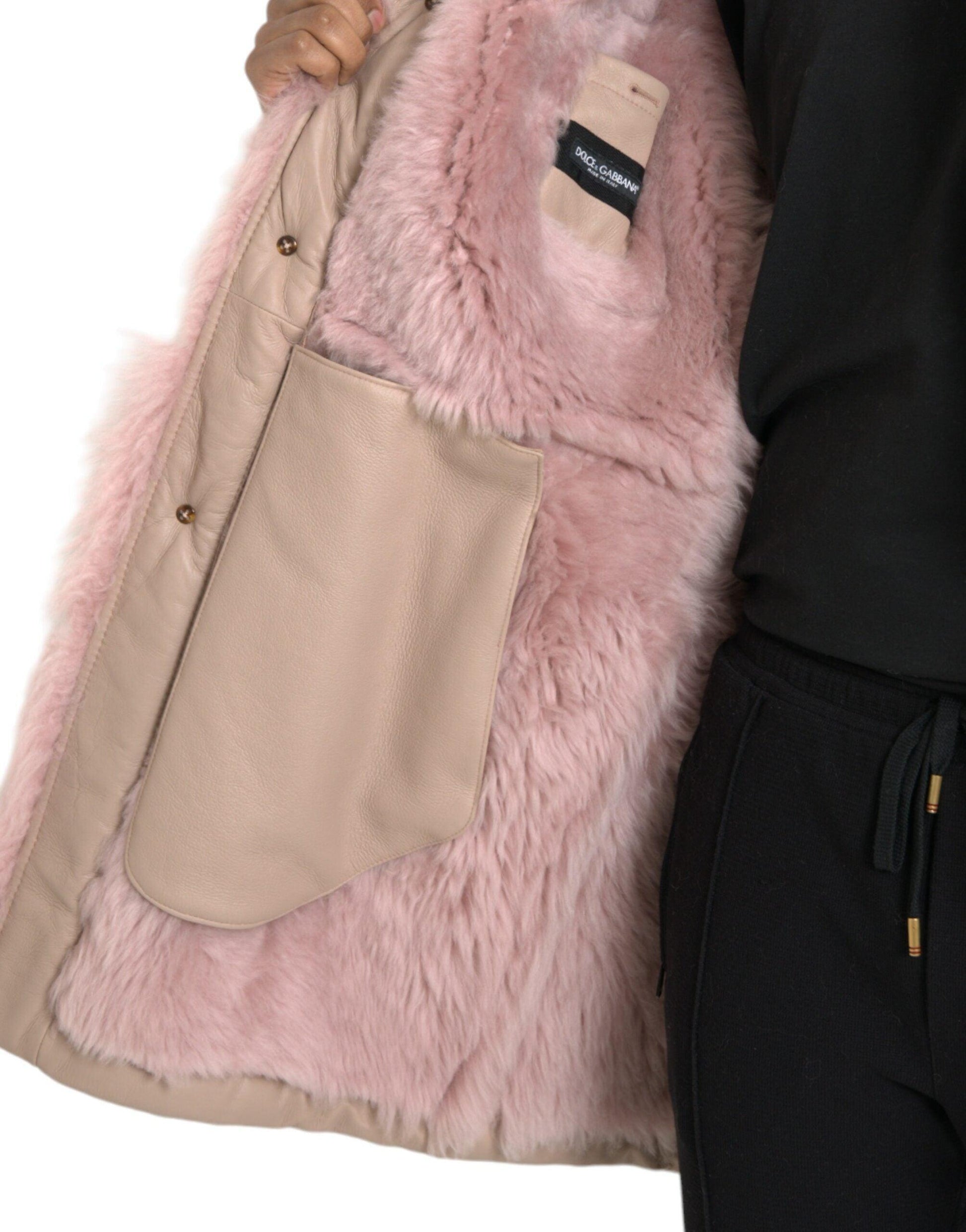 Dolce & Gabbana Beige Pink Lamb Leather Shearling Coat Jacket - Arichezz.store