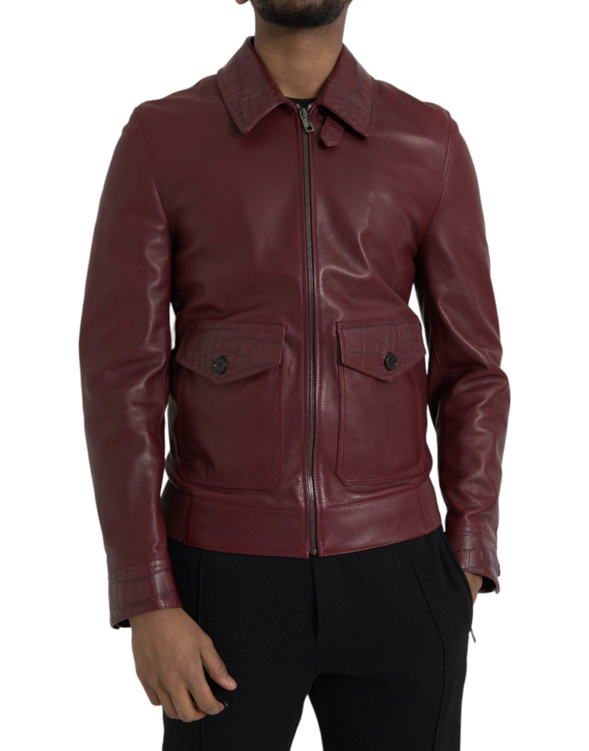 Dolce & Gabbana Maroon Exotic Leather Zip Biker Coat Jacket - Arichezz.store