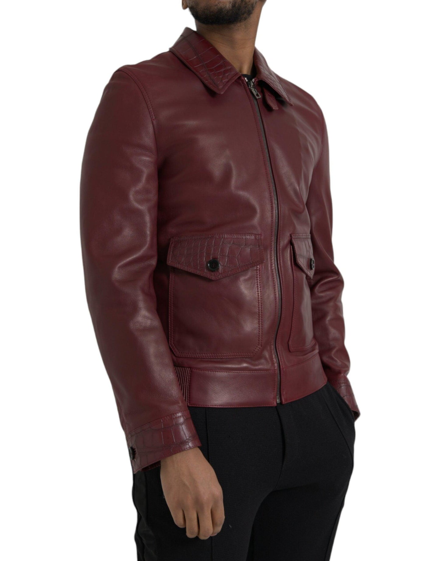 Dolce & Gabbana Maroon Exotic Leather Zip Biker Coat Jacket - Arichezz.store