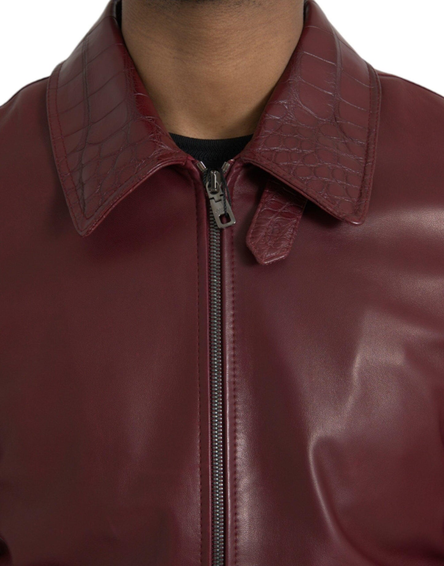 Dolce & Gabbana Maroon Exotic Leather Zip Biker Coat Jacket - Arichezz.store