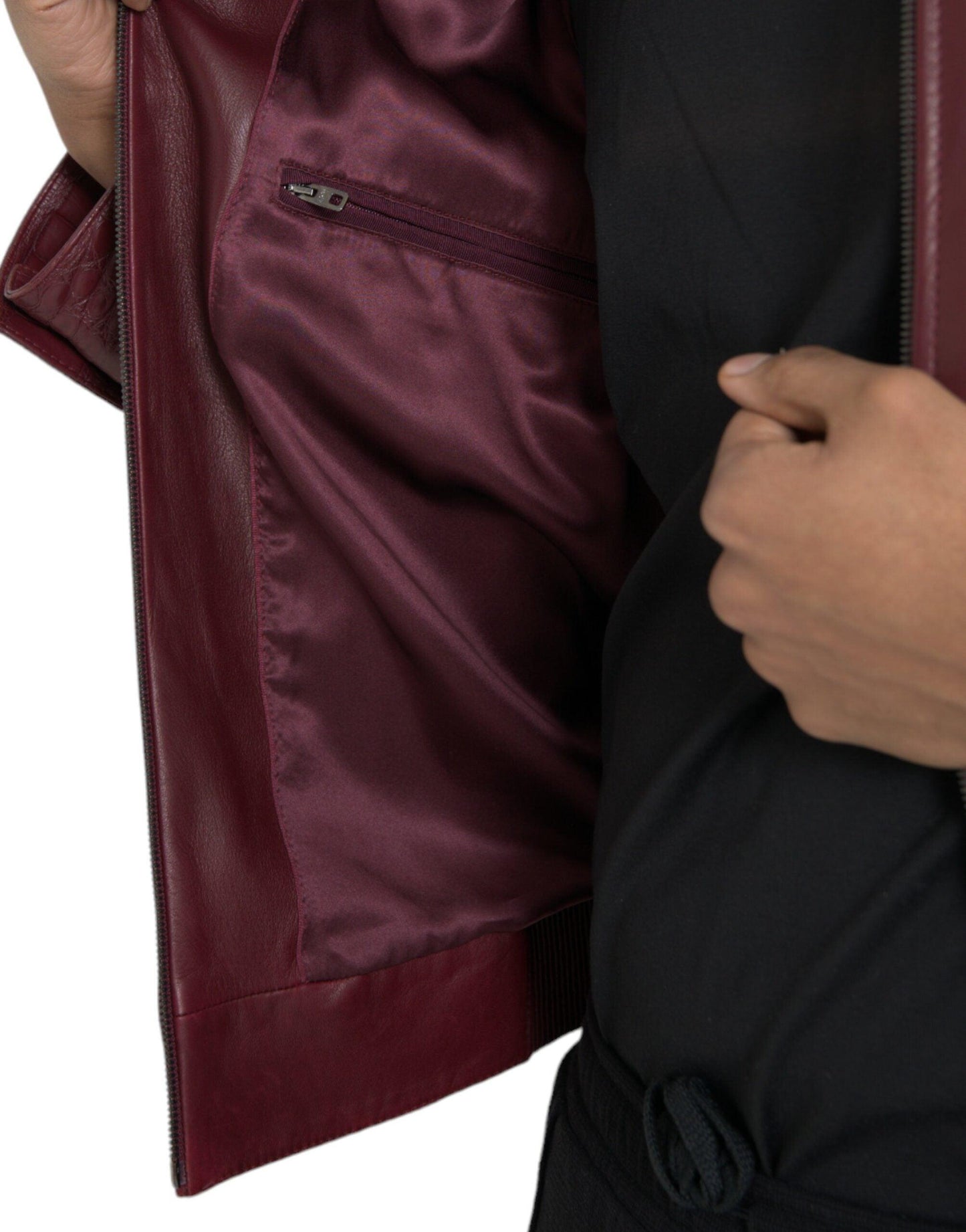 Dolce & Gabbana Maroon Exotic Leather Zip Biker Coat Jacket - Arichezz.store