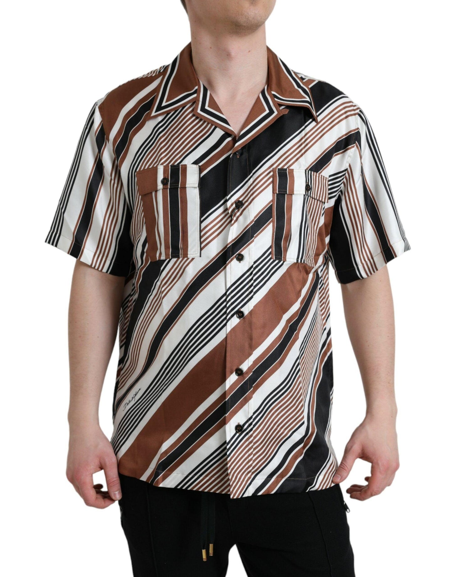 Dolce & Gabbana Brown White Silk Striped Short Sleeve Shirt - Arichezz.store