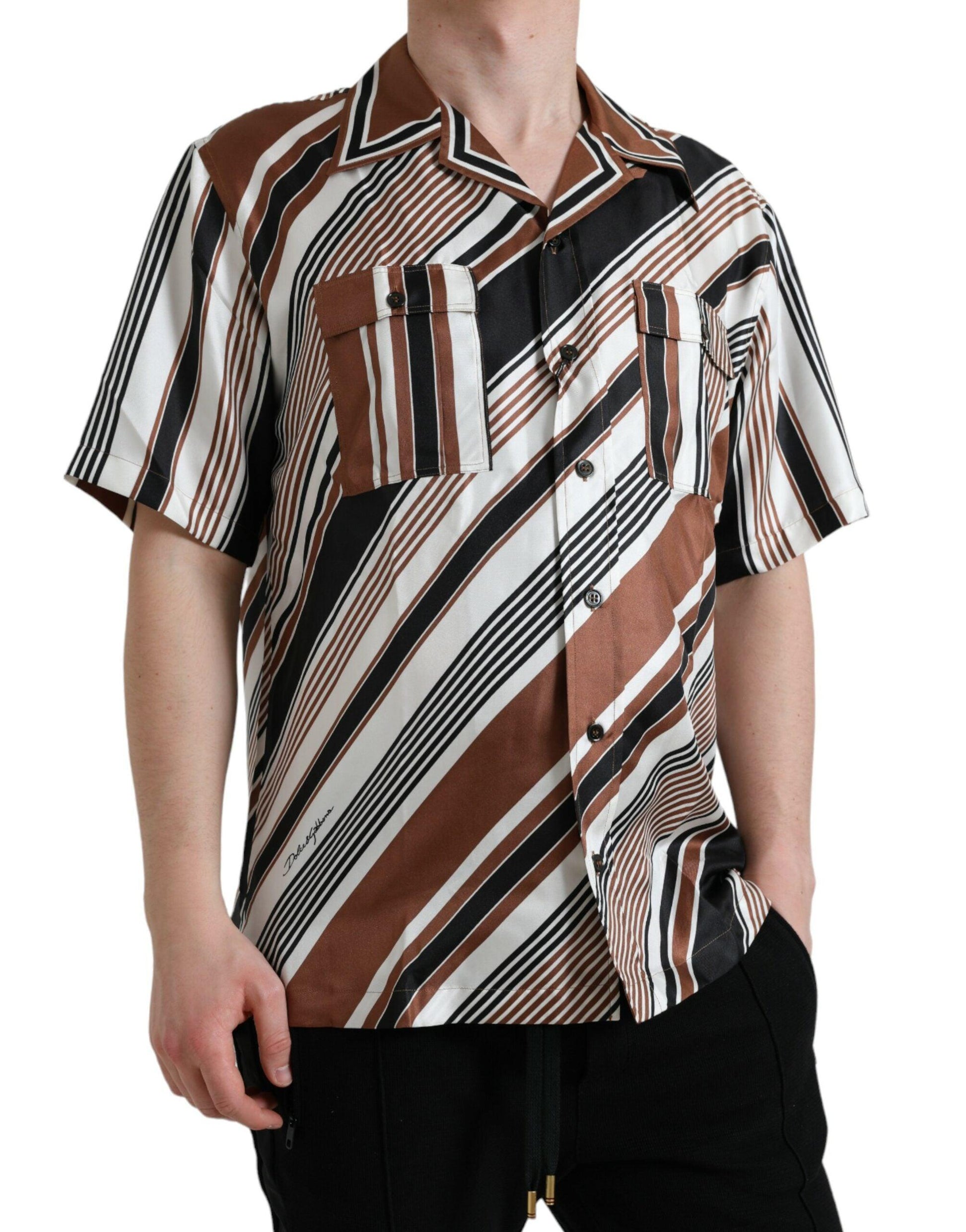 Dolce & Gabbana Brown White Silk Striped Short Sleeve Shirt - Arichezz.store