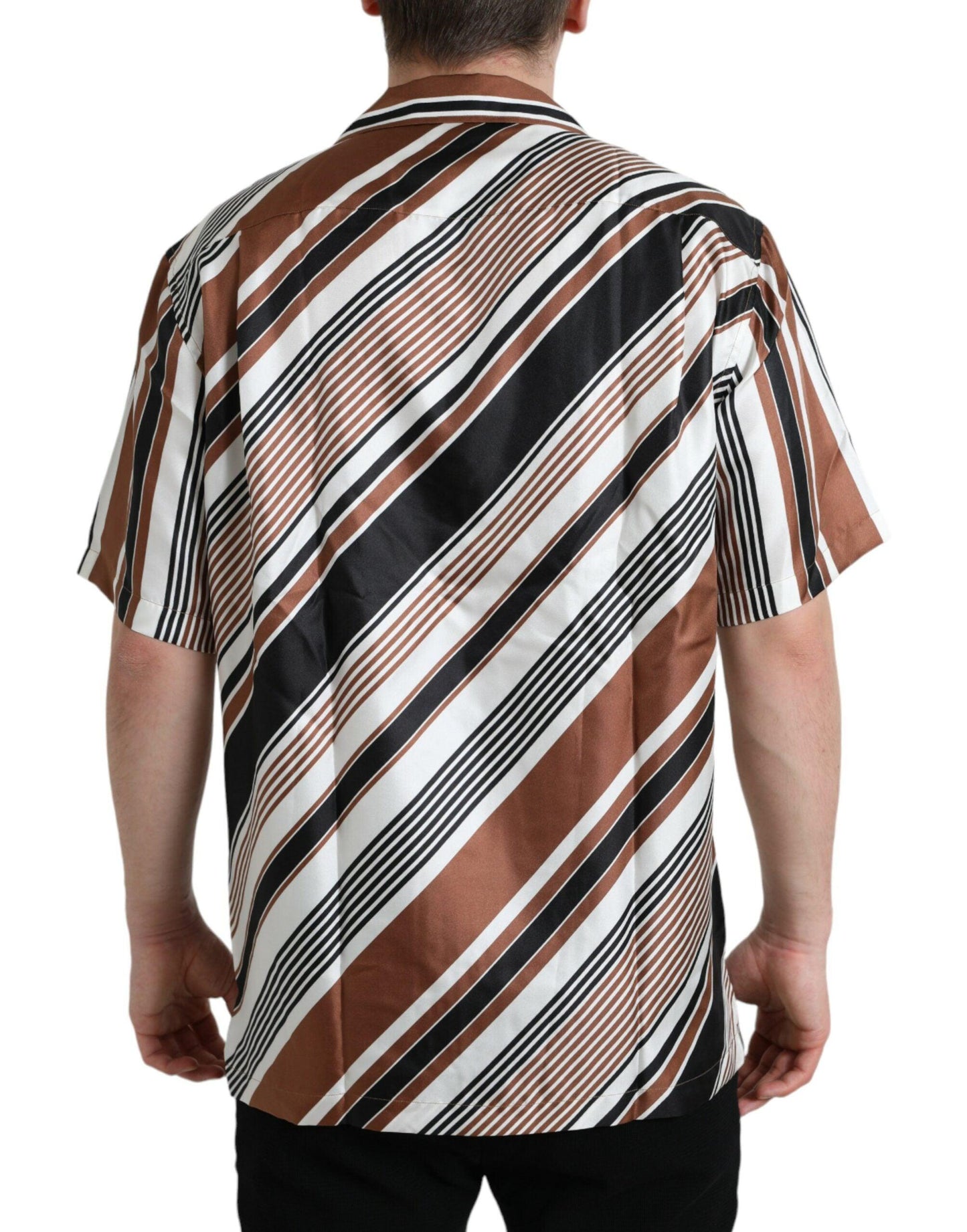 Dolce & Gabbana Brown White Silk Striped Short Sleeve Shirt - Arichezz.store