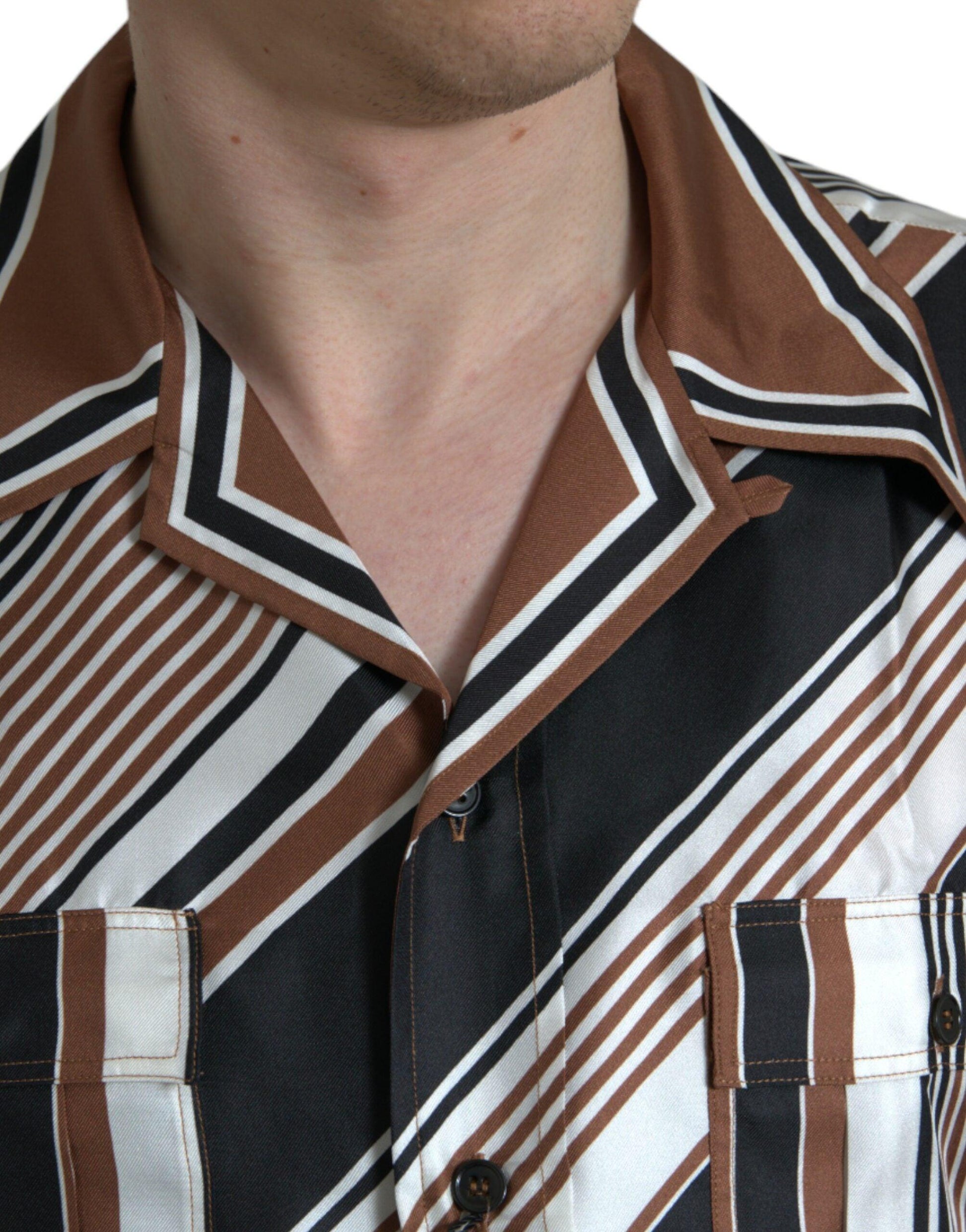 Dolce & Gabbana Brown White Silk Striped Short Sleeve Shirt - Arichezz.store