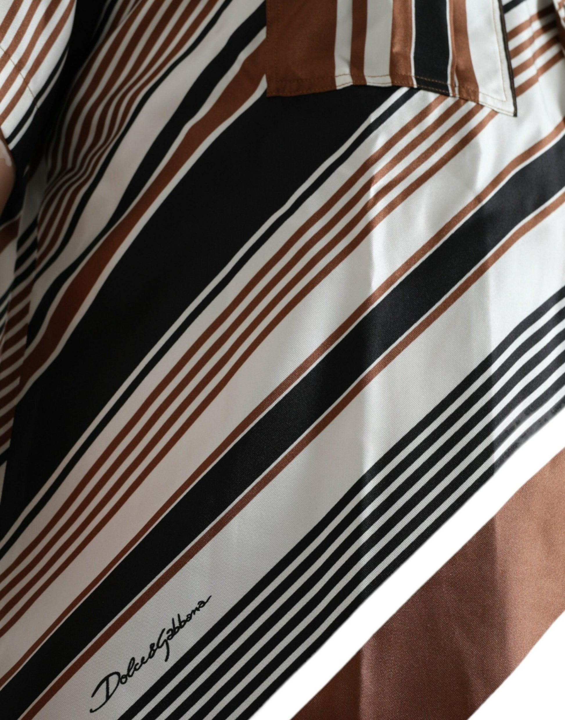 Dolce & Gabbana Brown White Silk Striped Short Sleeve Shirt - Arichezz.store