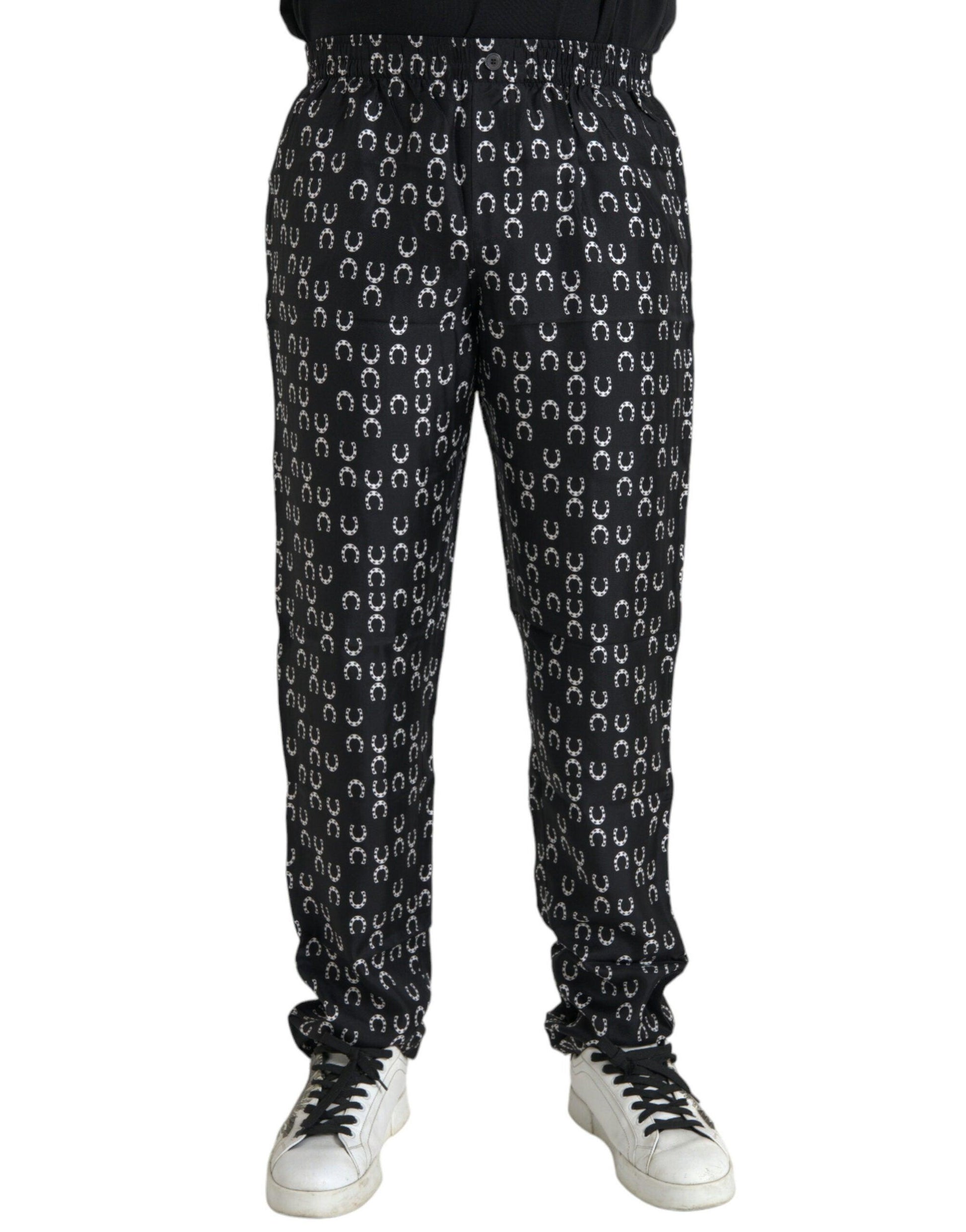 Dolce & Gabbana Black Horseshoe Print Silk Pants - Arichezz.store