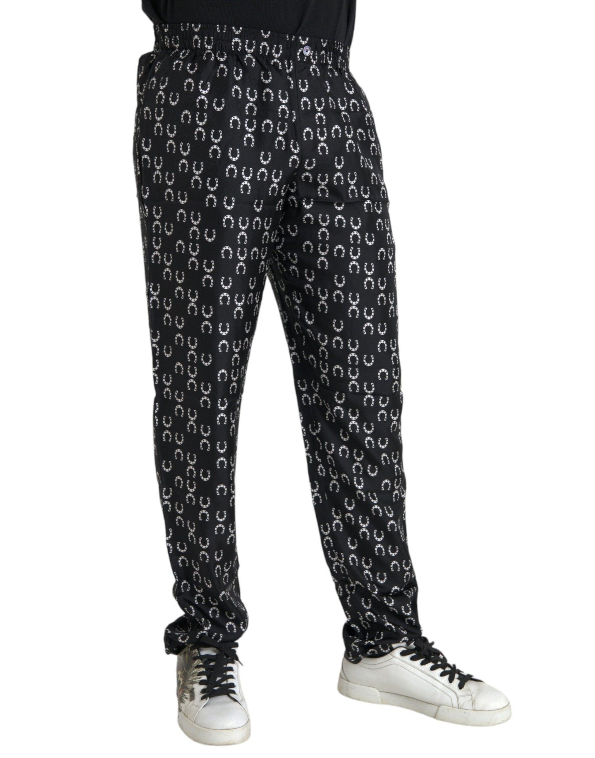 Dolce & Gabbana Black Horseshoe Print Silk Pants - Arichezz.store