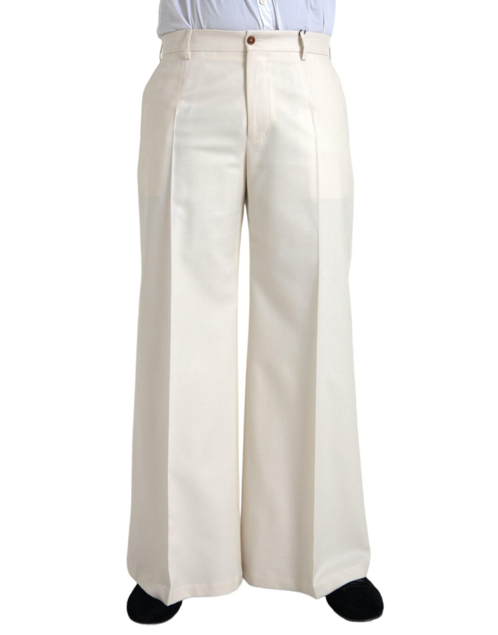 Dolce & Gabbana White Wool Wide Leg Mid Waist Pants - Arichezz.store