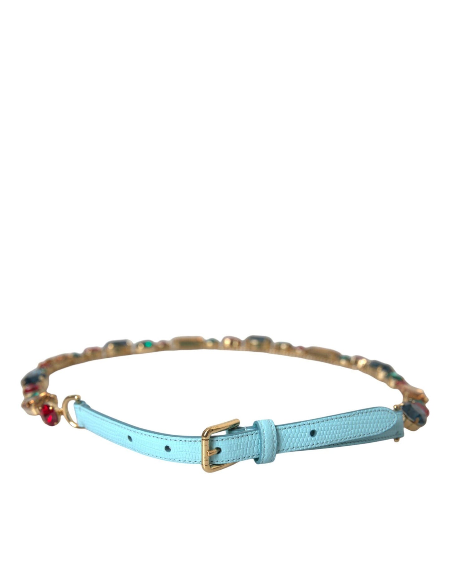 Dolce & Gabbana Light Blue Leather Crystal Chain Waist Belt - Arichezz.store