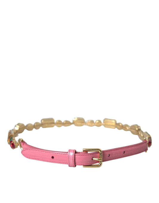 Dolce & Gabbana Pink Leather Crystal Chain Embellished Belt - Arichezz.store