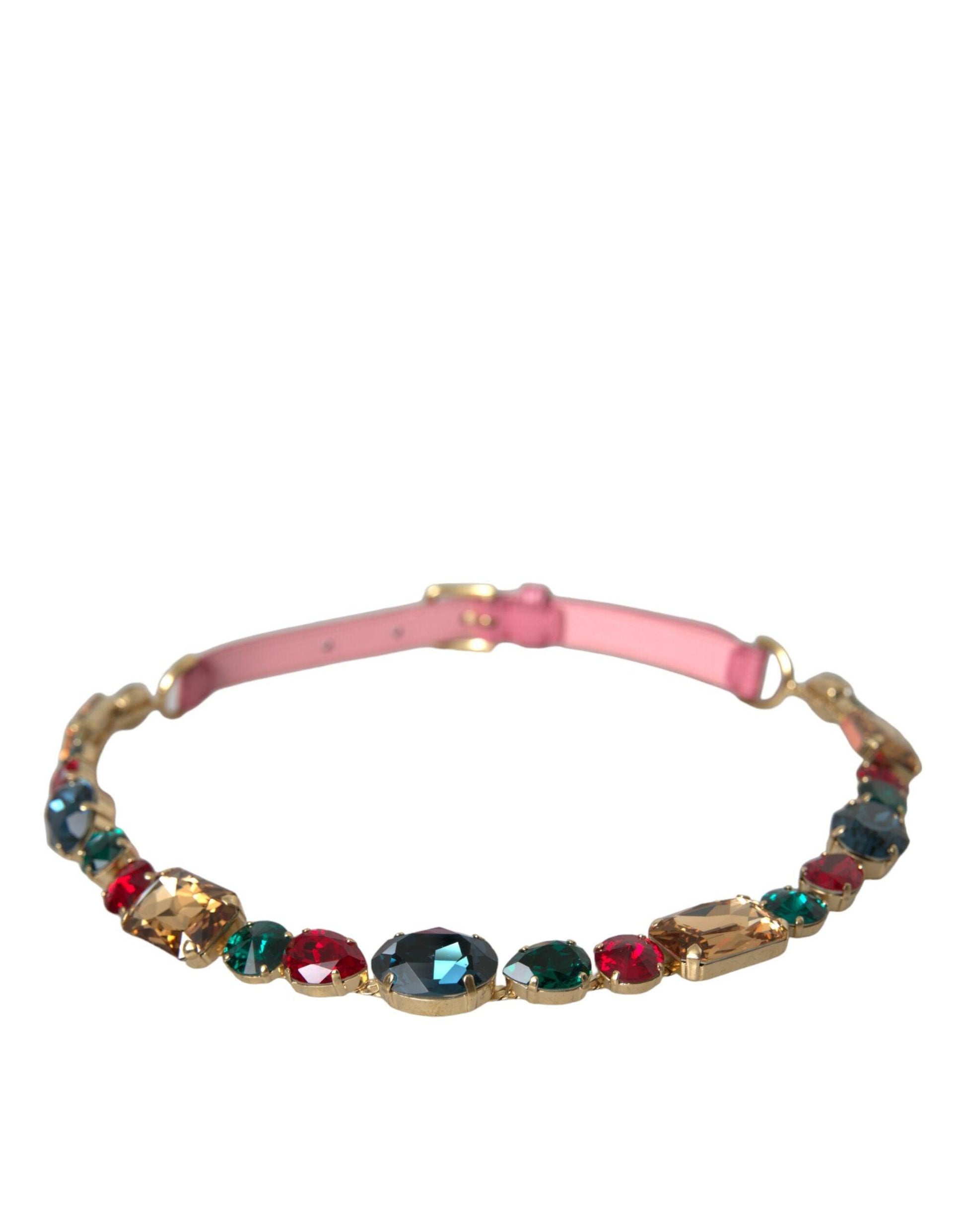 Dolce & Gabbana Pink Leather Crystal Chain Embellished Belt - Arichezz.store