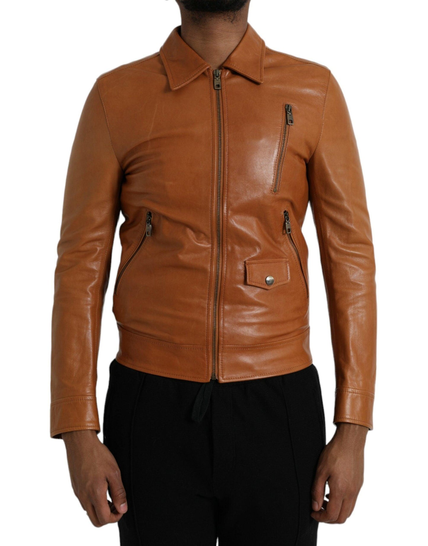 Dolce & Gabbana Brown Lamb Leather Full Zip Blouson Jacket - Arichezz.store